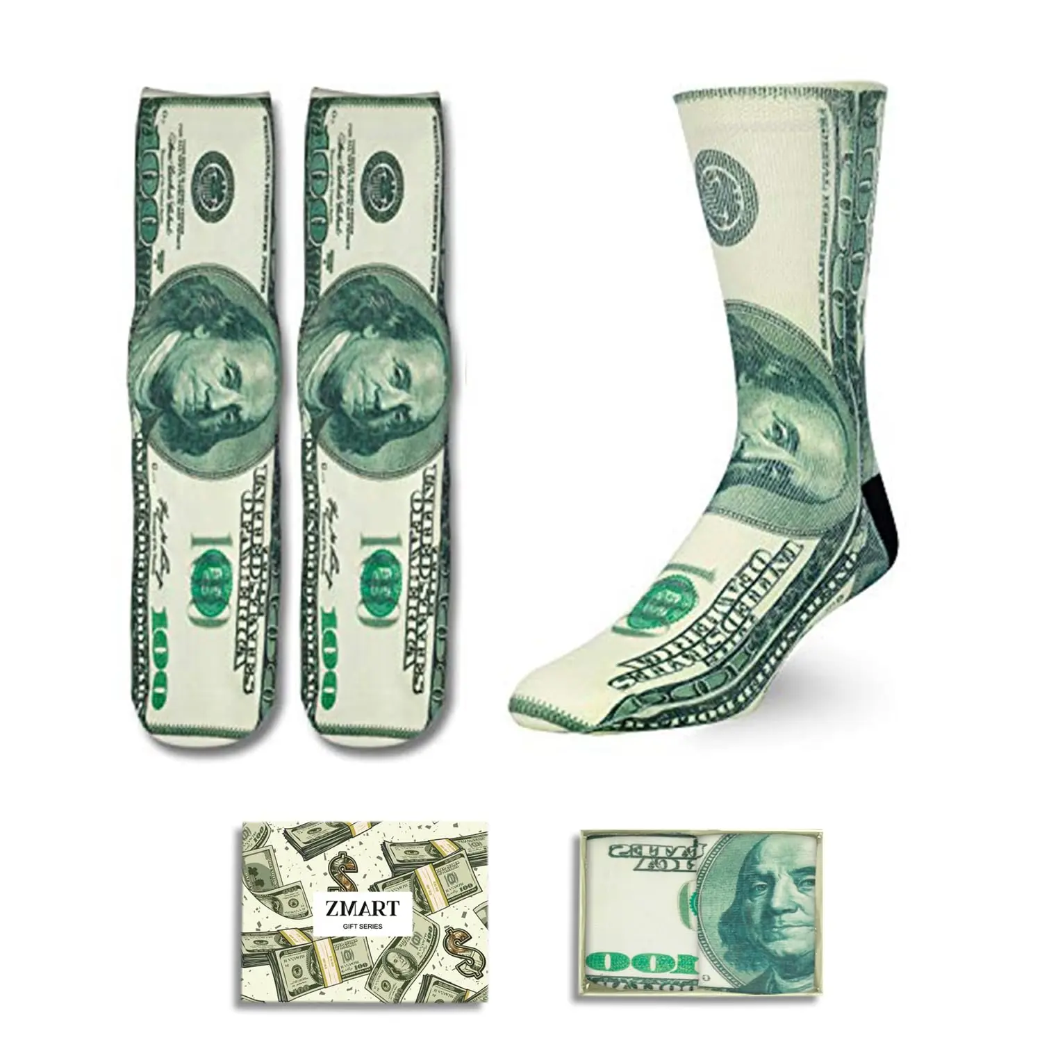 Zmart Unisex Novelty 3D Print Dollars, Money Print Socks for Men Women, 100 dollar, Money, Cash Accountant, Anniversary Gifts, Birthday, Wedding Gifts