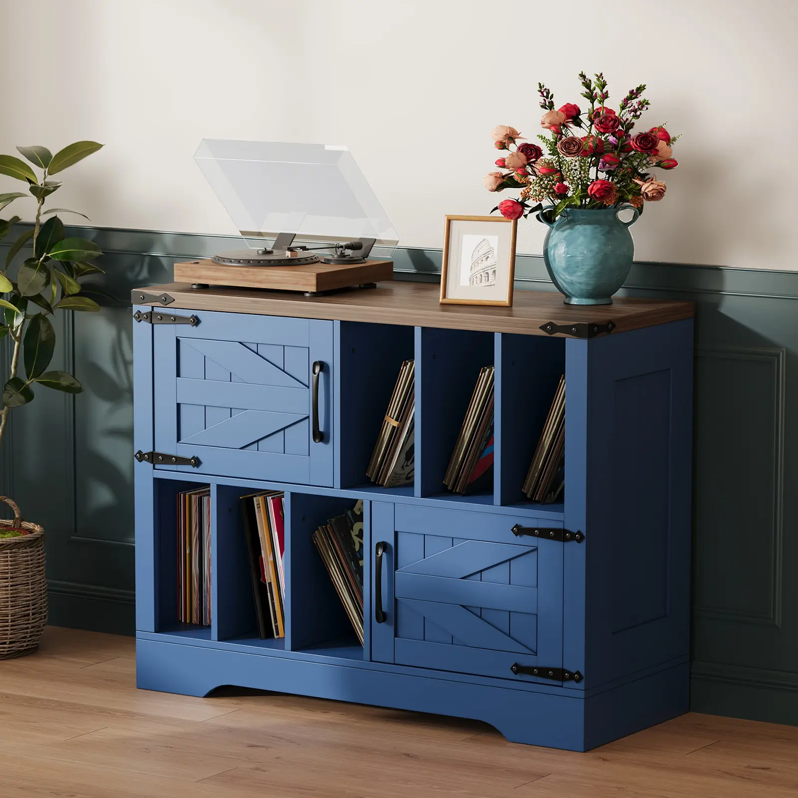 39-Inch Farmhouse Wood Record Player Stand with Vinyl Storage – Barn Doors, Mid-Century Modern Entertainment Cabinet Holds 450 Albums for Living Room, Bedroom, or Office