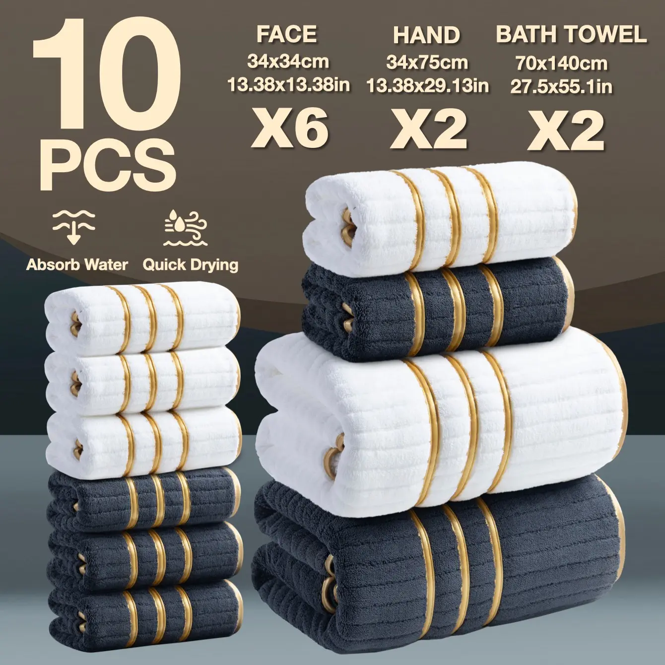 Luxury Gold Trim Wave Embroidered Bathroom Set, 10-Piece High-Quality Towel Set, Super Absorbent Quick Drying Towels, Durable Edge Binding, Essential for Spa & Home