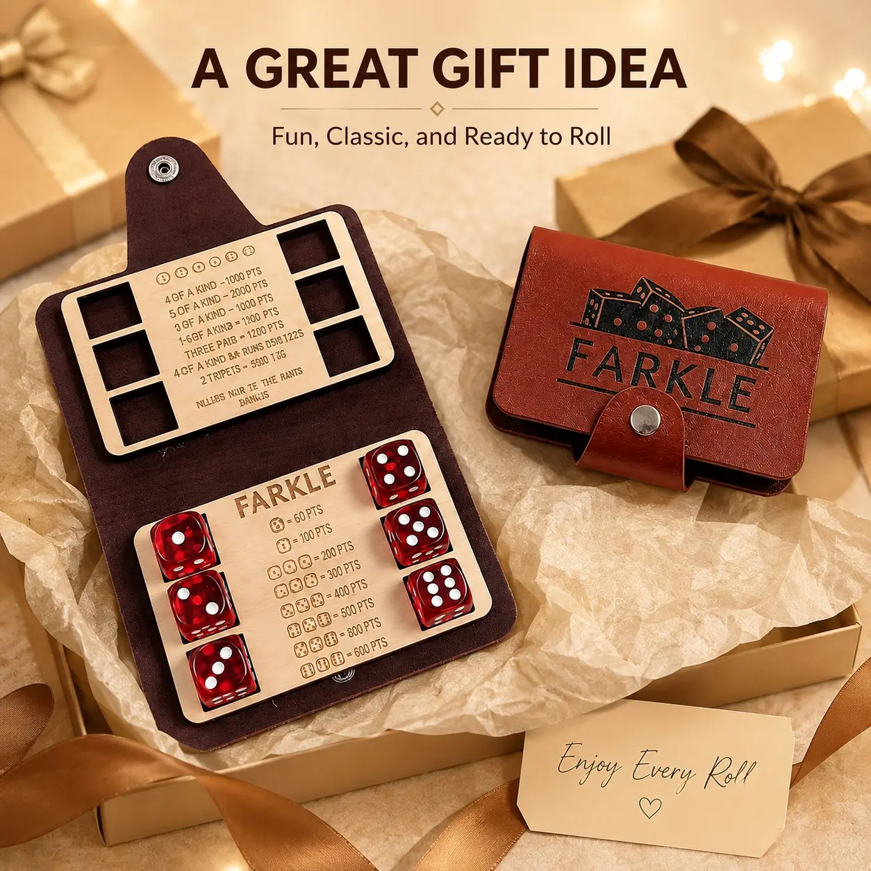Classic Farkle Dice Game Set, Premium Portable Leather Travel Family Board Games, 6 Dice for Family Party Night, Fun and Engaging Gameplay