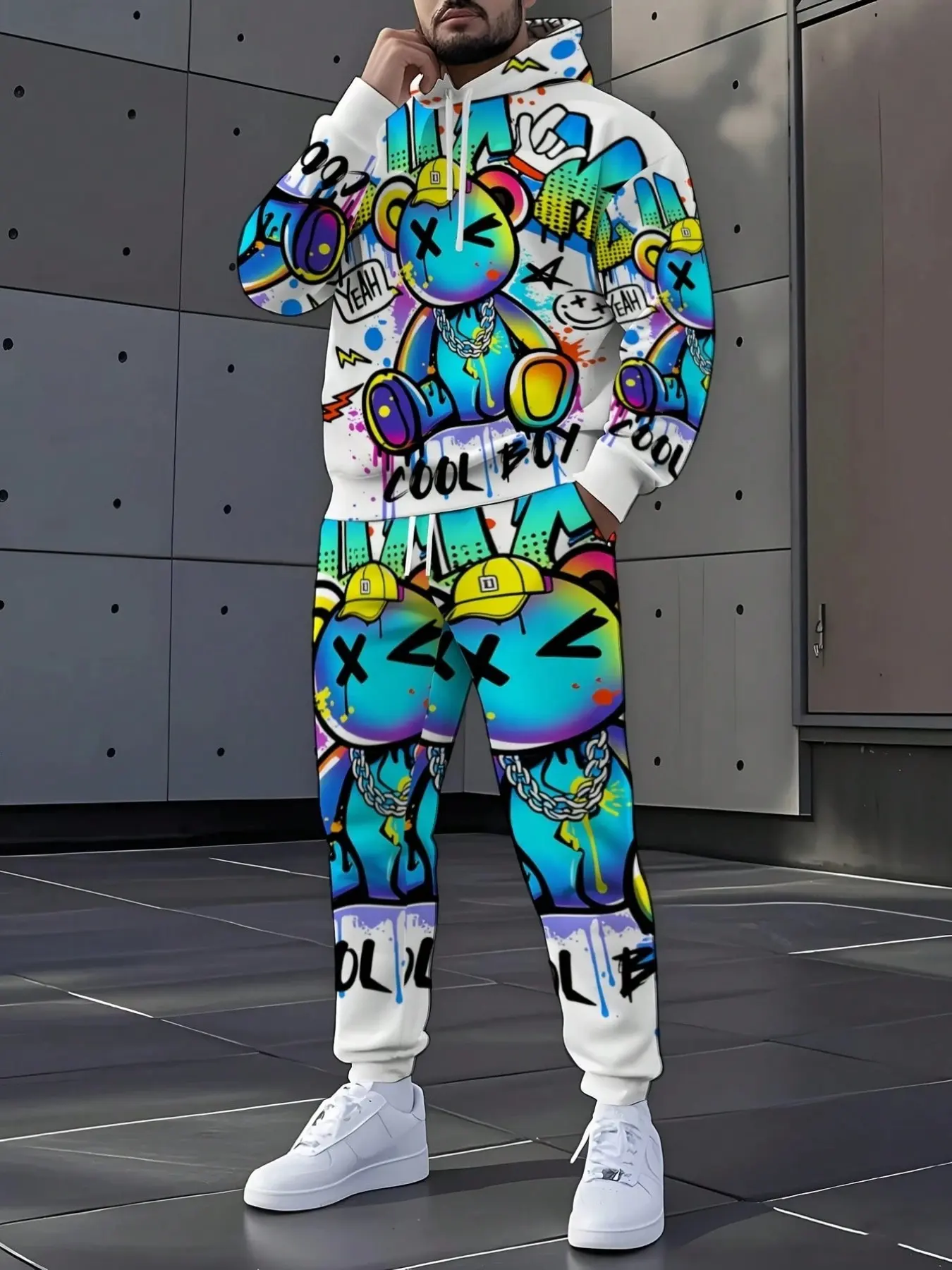 Men's Printed Hoodie Set, Casual Streetwear Two-Piece, Loose-Fitting Fall & Winter Sportswear, All over Print Long Pants