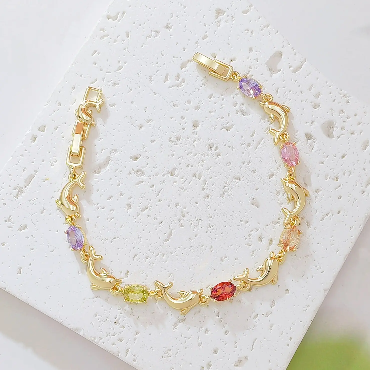 18K Gold Plated Dolphin Charm Bracelet Multi Color Oval Cubic Zirconia Crystal Link Bangle Cute Ocean Animal Jewelry Birthday Gift for Women Teen Girls