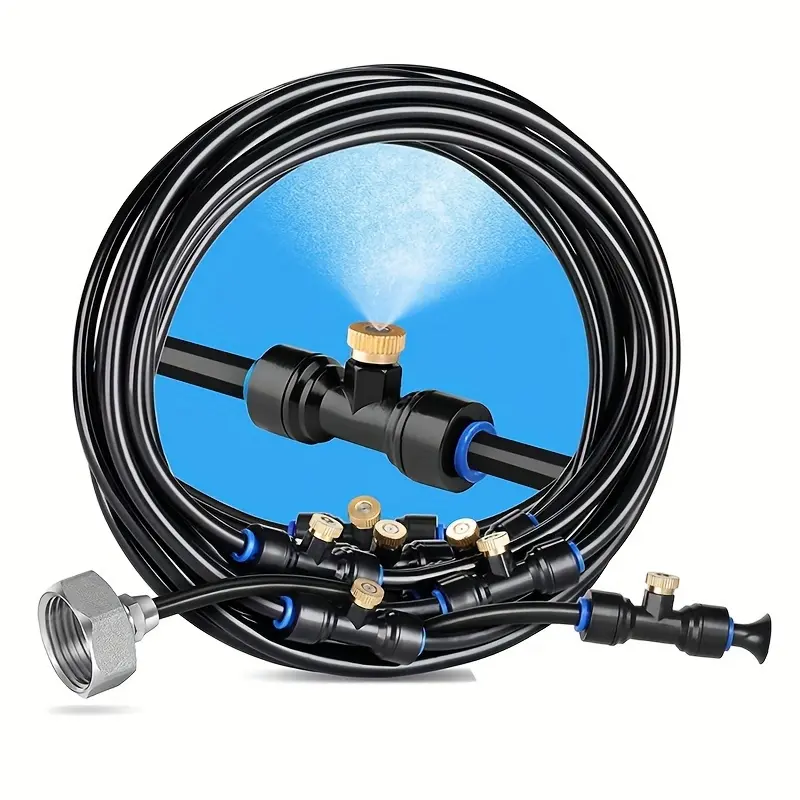 Outdoor Drip Irrigation Kit with Mist Copper Nozzles - PVC Low Pressure Misting System for Patio Humidification, Dust Suppression, and Cooling, Universal Threadedors, No Electricity Required, Garden Watering System