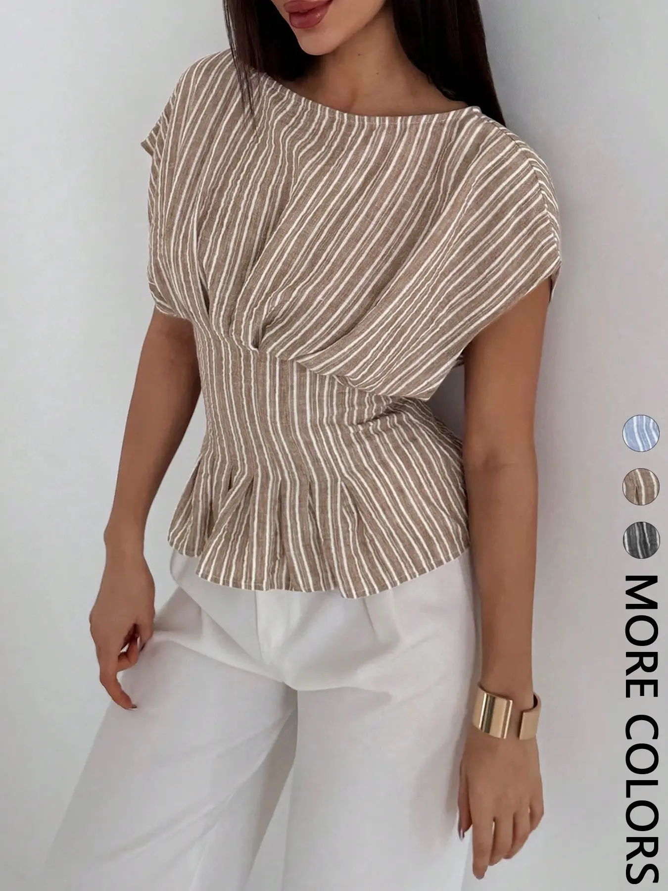 Women's Vertical Striped Ruffled Ruffle Hem Shirt, Boat Neck Batwing Short Sleeve Waist Cinch Ruffle Blouse, Front Pleated Wide Leg Casual Soft Summer Top