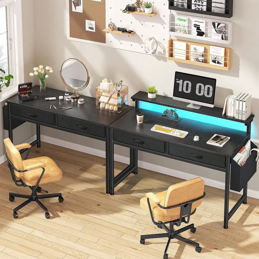 39.4" W Black Computer Desk with LED Strip Lights, Ergonomic Monitor Stand, 2 Fabric Drawers & Side Pocket, Home Office Table for Study, Work and Gaming