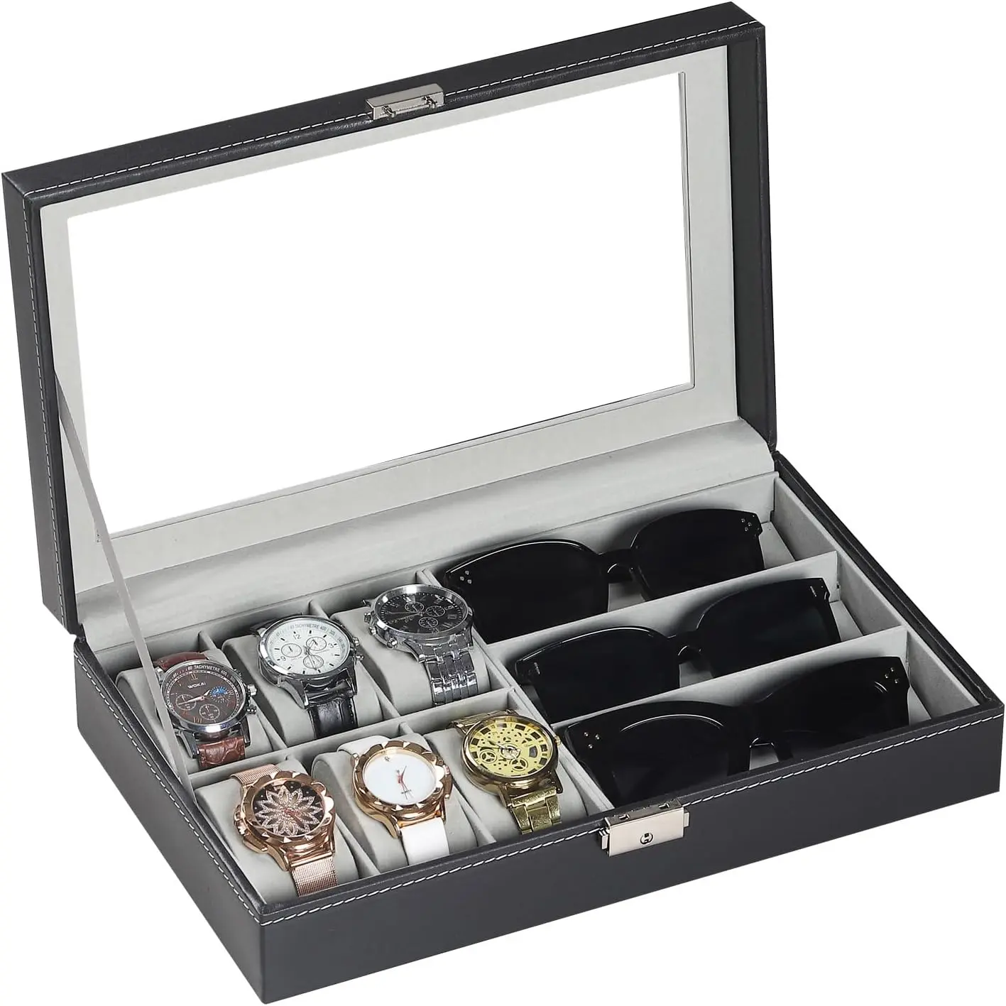 Men's Rectangular Leather Watch & Glasses Storage Box - Glass Top Jewelry Organizer with 6-Watch, 3-Eyeglasses/Sunglasses Capacity