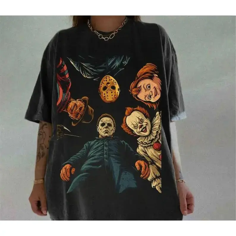 Retro Halloween Characters Tshirt, Vintage Halloween Horror Movie Shirt, Trendy Graphic Scary Movie Tee, Spooky Season