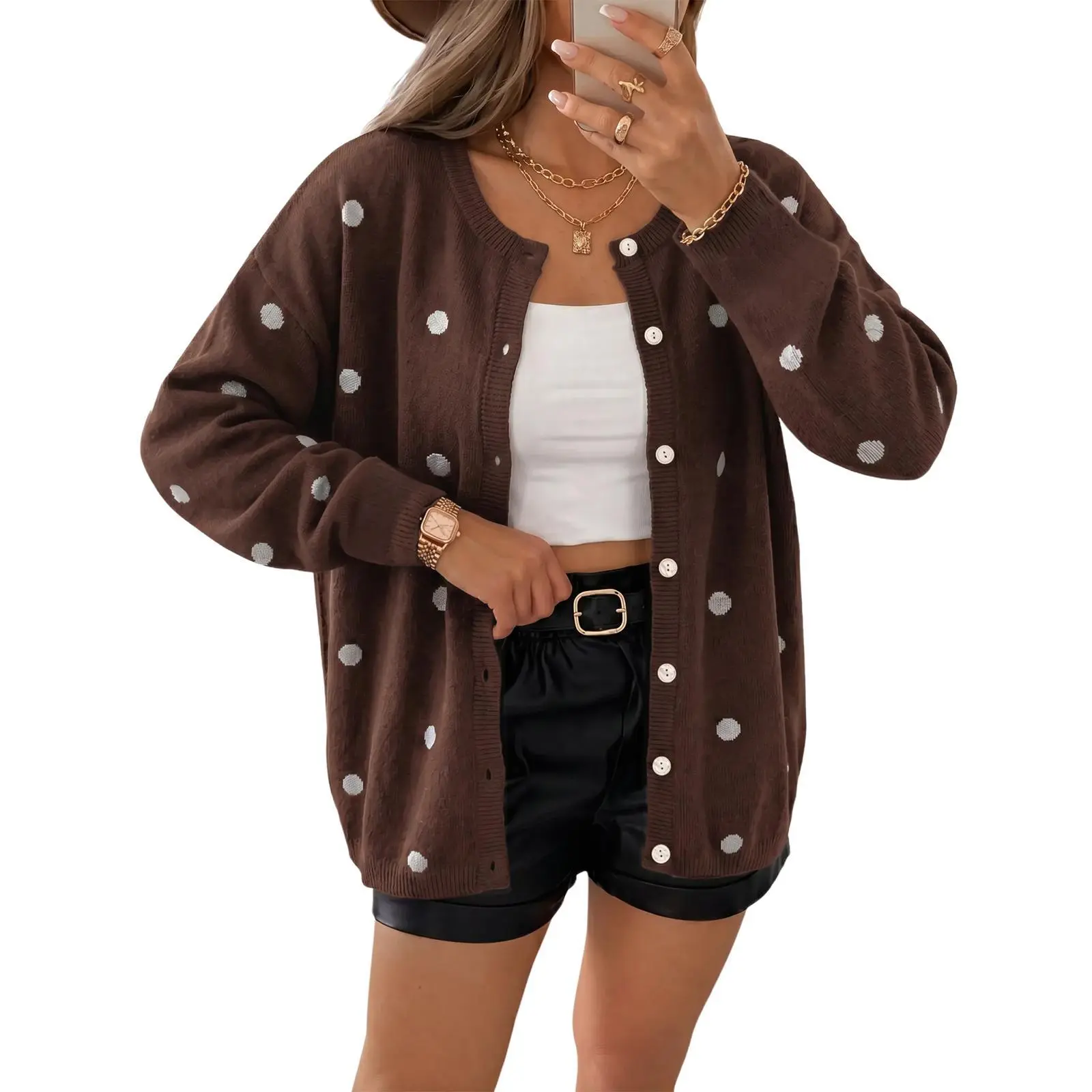Imily Bela Women's Casual Long Sleeve Cardigan Polka Dot Embroidery Button Front Loose Knit Sweater Coat