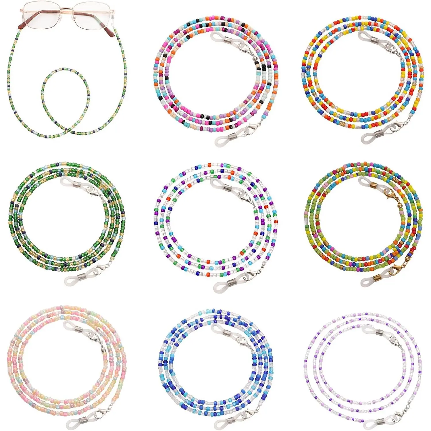 Women's 8Pcs Beaded Bohemian Eyeglass Chain Set (70cm) - Colorful Sunglasses Lanyard Holder, Anti-Slip Ends, Lightweight Design for Daily Use, Beaded Chain