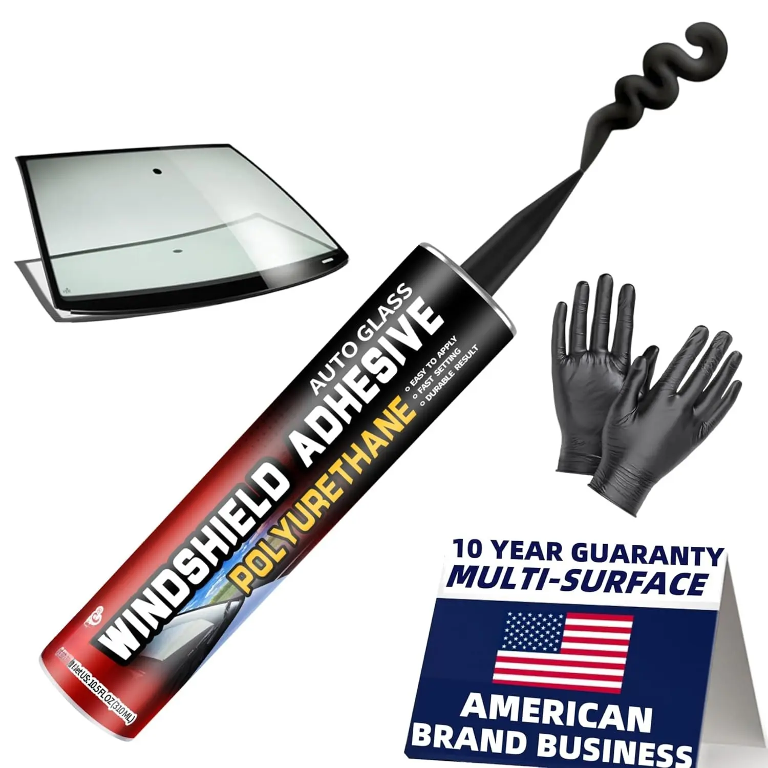 Professional Strength Urethane Windshield Sealant – Quick Curing, Weather Resistant Auto Glass Glue for Vertical & Overhead Application, 10.5oz Black, Includes Gloves
