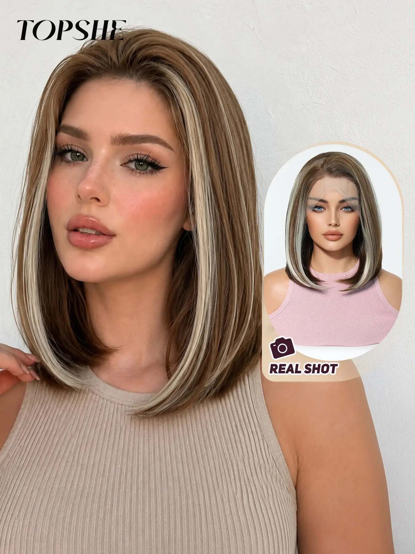 Topshe High-Quality Honeycomb Linen Fiber Lace Part Wig, 12-Inch Layered Medium-Length Bob, Soft Touch, Natural Hairline, Women's Casual Commute