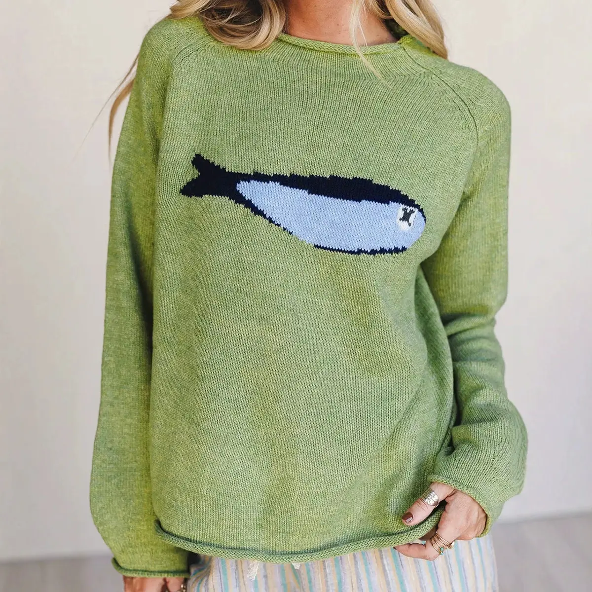 Women's Meadow Mist Green Unique Fish-Knit Oversized Round Neck Long Sleeve Soft Tops, Fabric, Knitwear, Casual, Sleeves