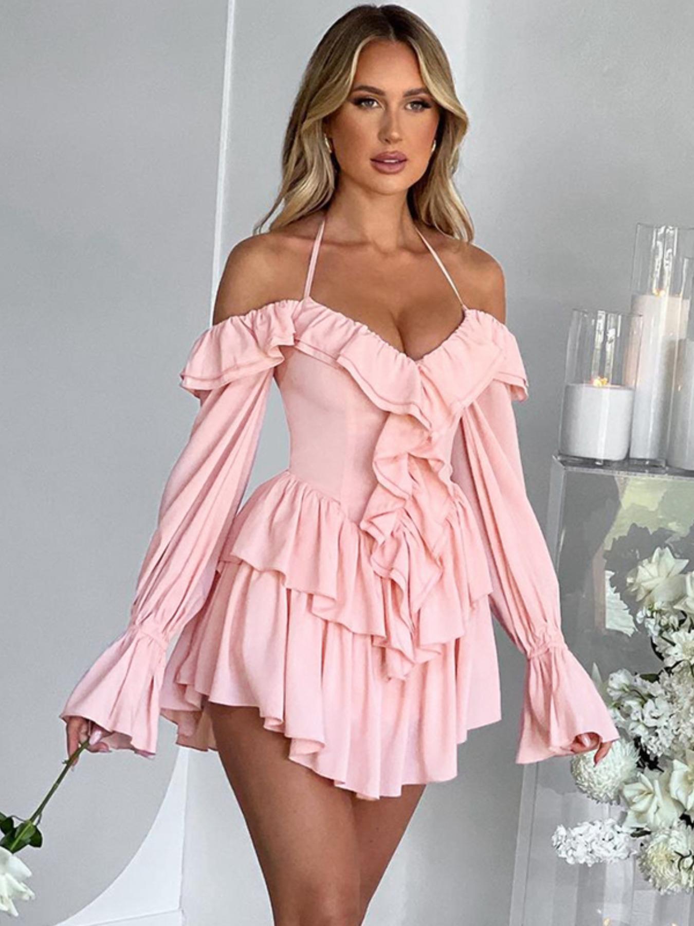 Women's Vintage Fitted Off-Shoulder Long-Sleeve Ruffle Halter Neck Overalls - Casual Summer Clothes