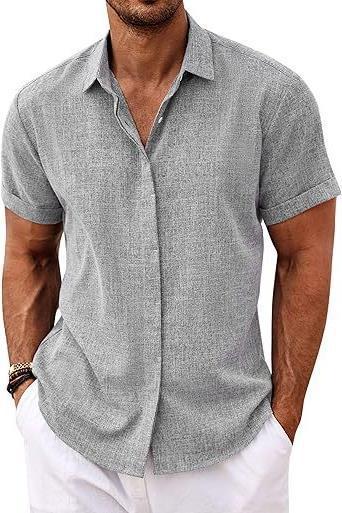 European and American Men's Linen Shirt Short-Sleeved Casual Button-Up Top for Beach Summer Vacation Menswear