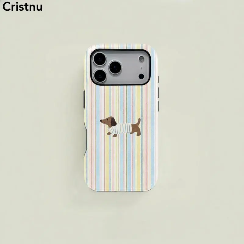Cute blue and pink striped cartoon dachshund design, sturdy and durable 2-in-1 Protective case, compatible, suitable for iPhone17/16/15/14/13/12/11 Pro Max/Plus/Pro, simple and stylish Phone case, perfect birthday gift for iPhone 16 ProMax Case