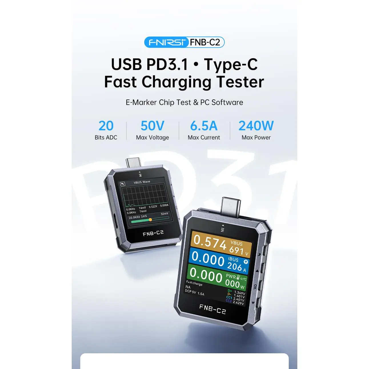 FNB-C2 USB Type-C Power Tester, High Precision Voltage Current Power Meter, Multi-Protocol Fast Charging Detector Support PD3.1 QC5.0 E-Marker Test for Chargers Power Banks & Electronic Repair