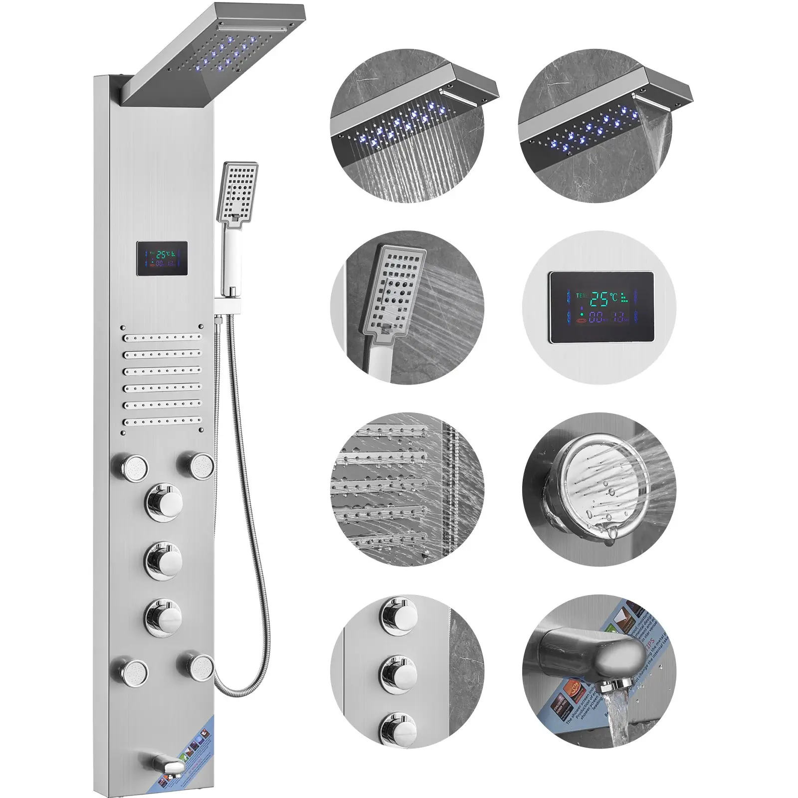【DealsForYouDays】VEVOR Shower Panel System, 6 Shower Modes, LED Screen Hydroelectricity Shower Panel Tower, Rainfall, Waterfall, 5 Massage Jets, Tub Spout, Handheld Shower, Stainless Steel Wall-Mounted Shower Set