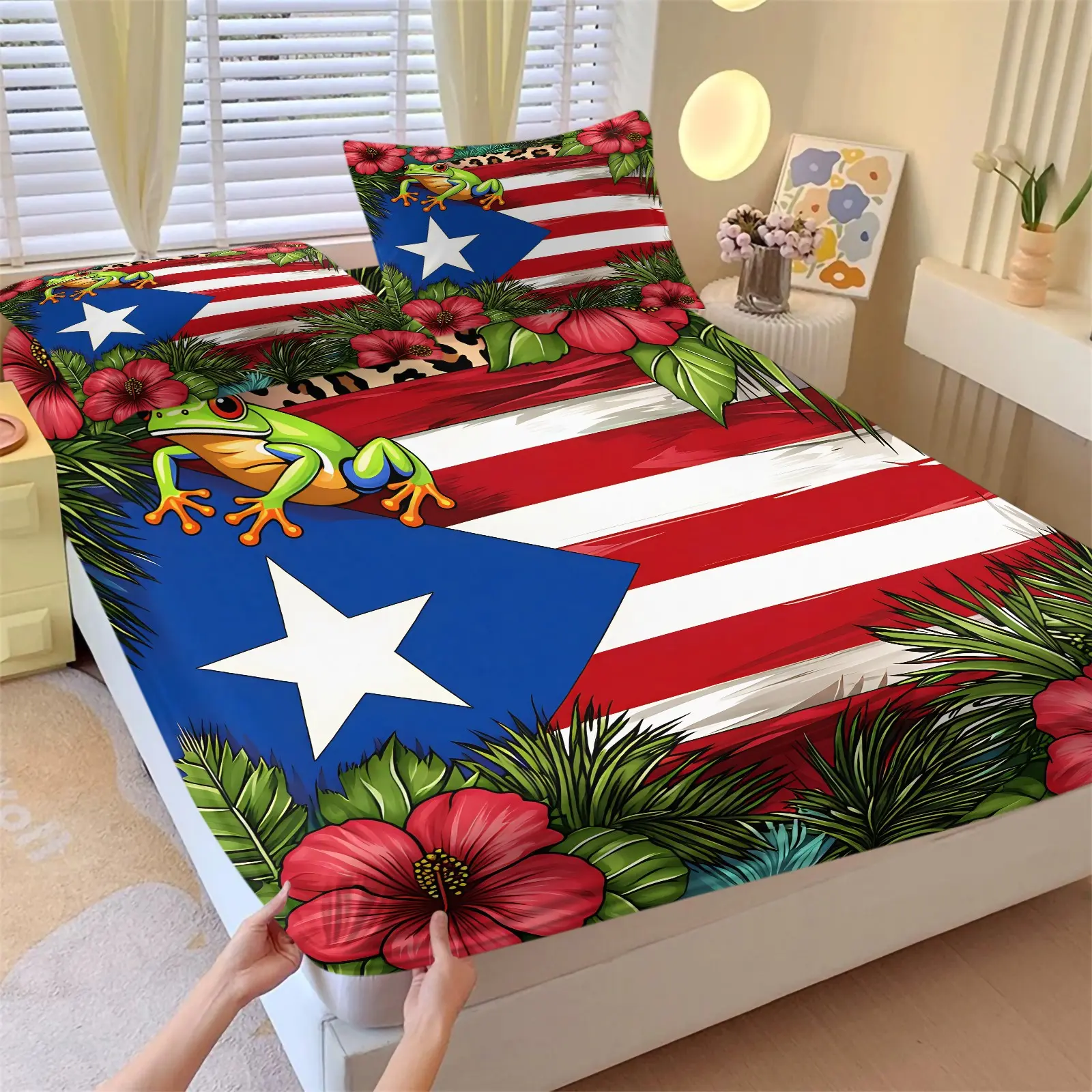 Puerto Rico Flag Tree Frog Tropical Hibiscus Palm Leaf Fitted Sheet Set, 1 Fitted Sheet and 1-2 Coreless Pillowcases, Deep Pocket Non-Slip Mattress Cover, Soft All Season Bedding, Boricua Tropical Jungle Floral Print Bedroom Decor, Botanical Bedding Set