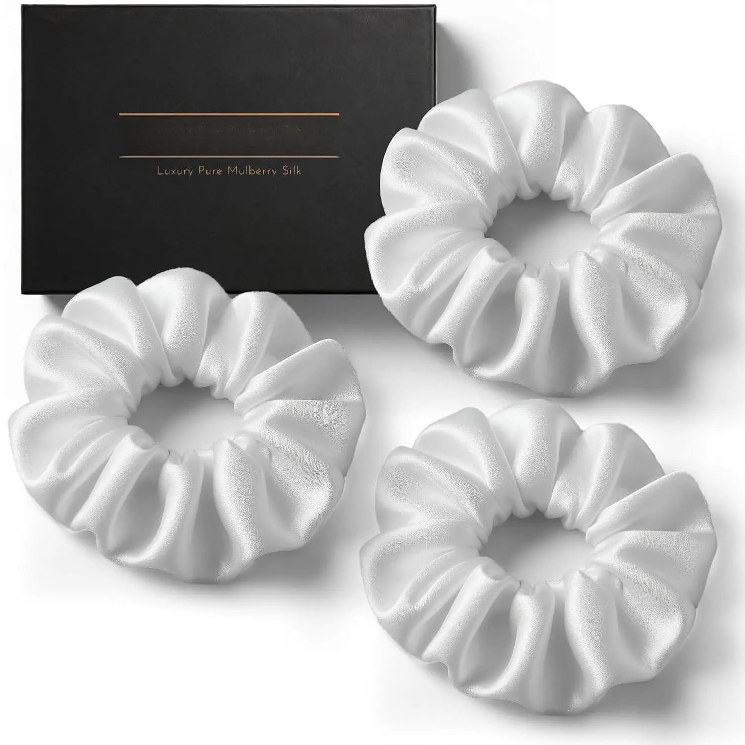 Pure 22 Momme Mulberry Silk Scrunchies (Set of 3) | Highest grade (6A) Luxury Hair Ties| (Black,White,) | (White, Standard)