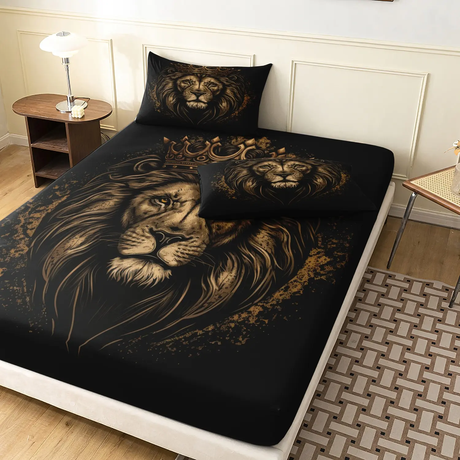 3 Pieces Black Vintage Golden Crown Lion King Fitted Sheet Set, Lion Head Print Bedding Sheets, Soft Microfiber Wild Animal Bedroom Decor, Twin Full Queen King Size, For All Season Home Family Dormitory Hotel Mattress ( No Pillow)
