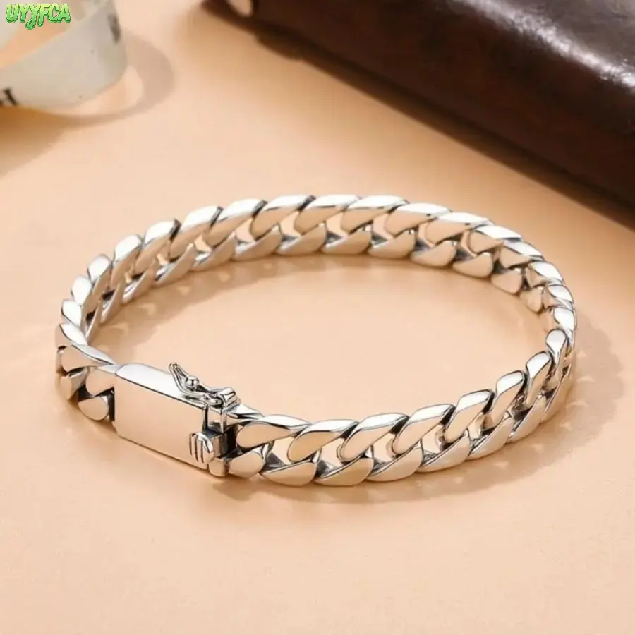 Solid 925 Sterling Silver Cuban Link Bracelet for Men, Exquisite Durable Timeless High Polished Flat Curb Chain with Secure Lock Box Clasp,Polished Vintage Hypoallergenic Tarnish Resistant Jewelry for Daily Wear Business Party Birthday Father's Day Gift
