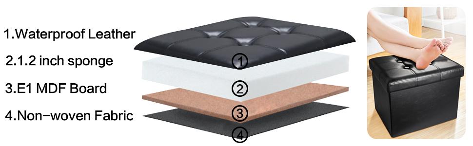 Storage Ottoman Folding Foot Rest Stool, Leather Footstool Bench, Short Ottoman Stool, Storage Foot Rest Store, Books (Black, 17" D x 13" W x 13" H)