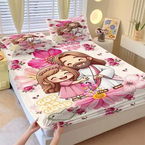 3pcs Cute Floral Religious Cartoon Fitted Sheet Set & 2 Pillowcases, "God Is Good" Print with Pink Flowers & Loving Characters, Soft Durable Fabric, Deep Pocket Mattress Cover, Ideal Inspirational Home Decor Gift