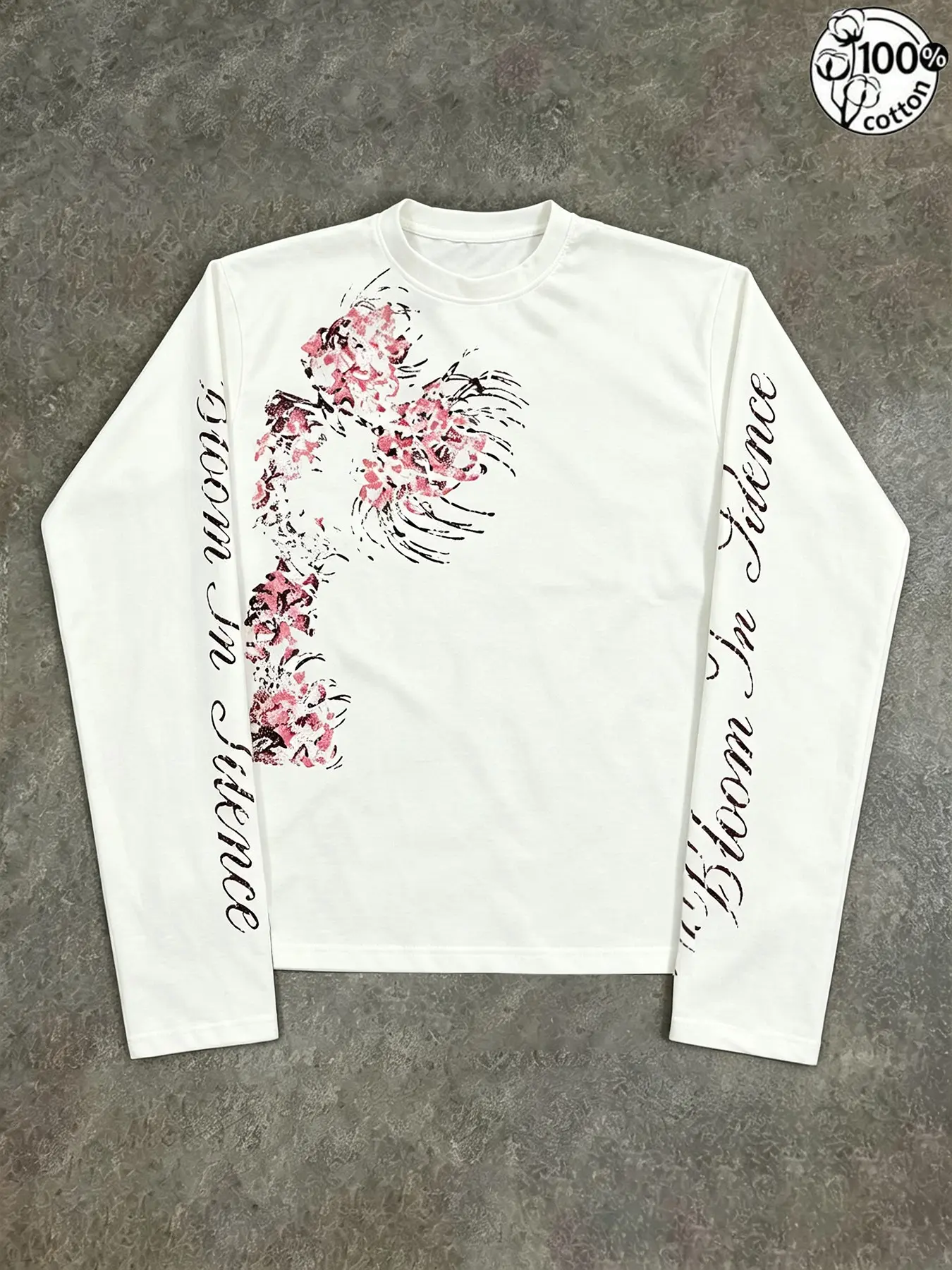 Unisex White 100% Cotton Diagonal Floral Distressed Print Dual Sleeve Script Long Sleeve Tee American Sweet Cool Vintage Cropped Slim Casual Top