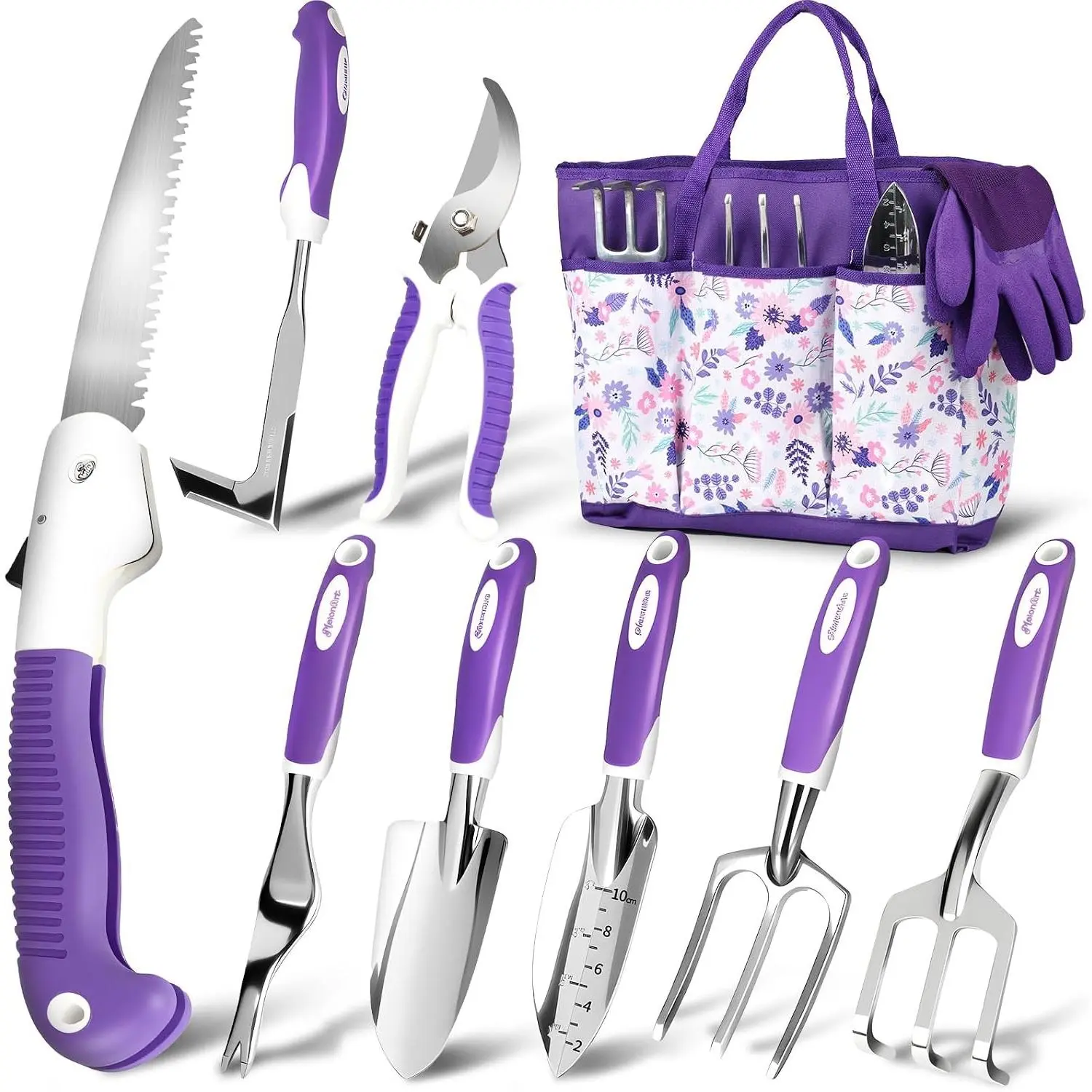 Garden Tool Set, 10 Pcs Heavy Duty Gardening Tool Kit Women Garden Gift Set Aluminum with Non Slip Ergonomic Handle, Storage Tote Bag and Gloves, Garden Supplier for Women&Men(Purple)