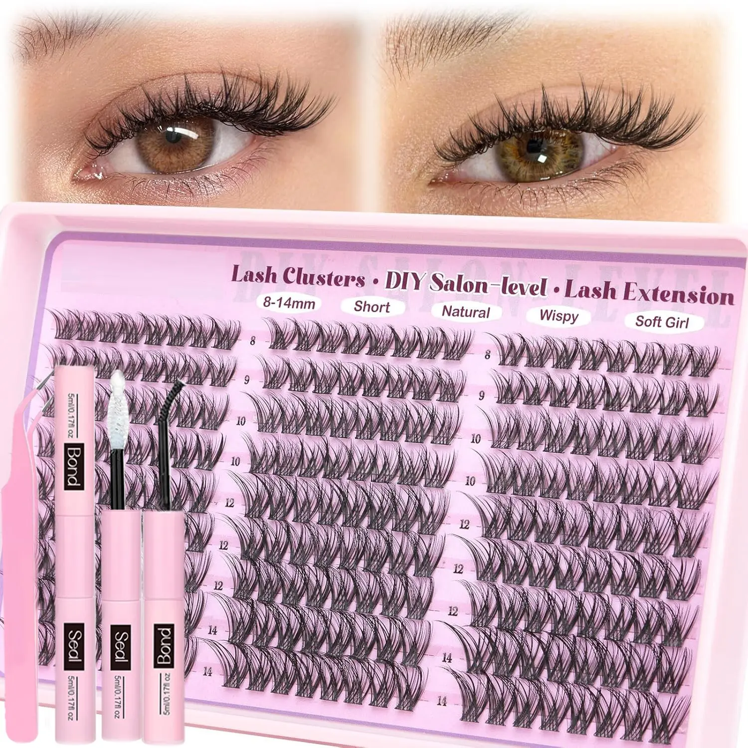 216 Pcs D Curl False Eyelashes, Fluffy Mixed Length, Natural Look, Easy Application, Includes Glue & Sealant, Eyelash Tweezers, DIY Eyelashes Clusters
