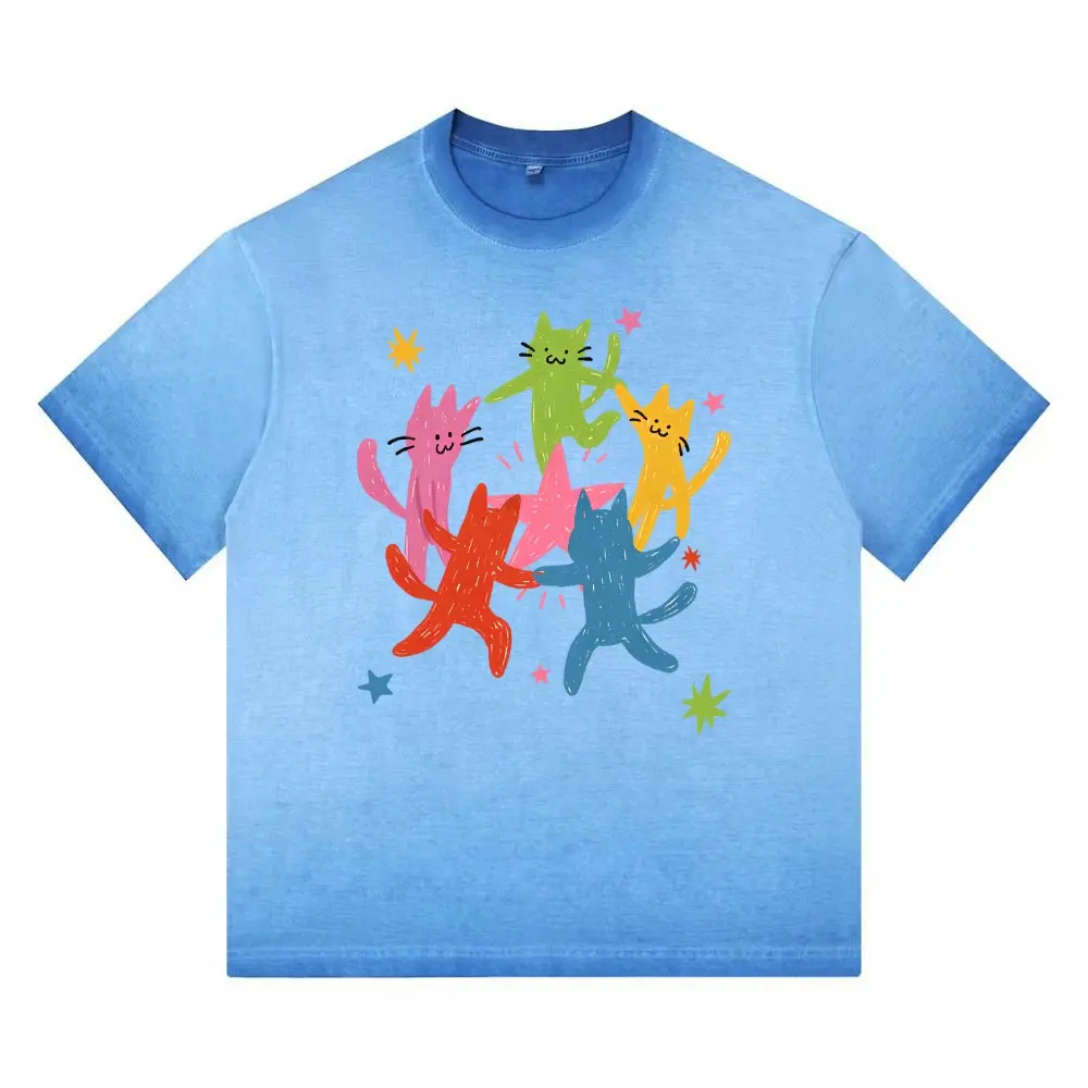 Rainbow Dancing Cats Star Vintage Washed Tee Unisex Graphict Gradient Washed T-Shirt Personalized Pattern Y2k Clothing Round Neck Gradient Washed T-Shirt,Women's Clothing 100% Cotton, Menswear, Top, Vintage Style,Summer Casual Oversized
