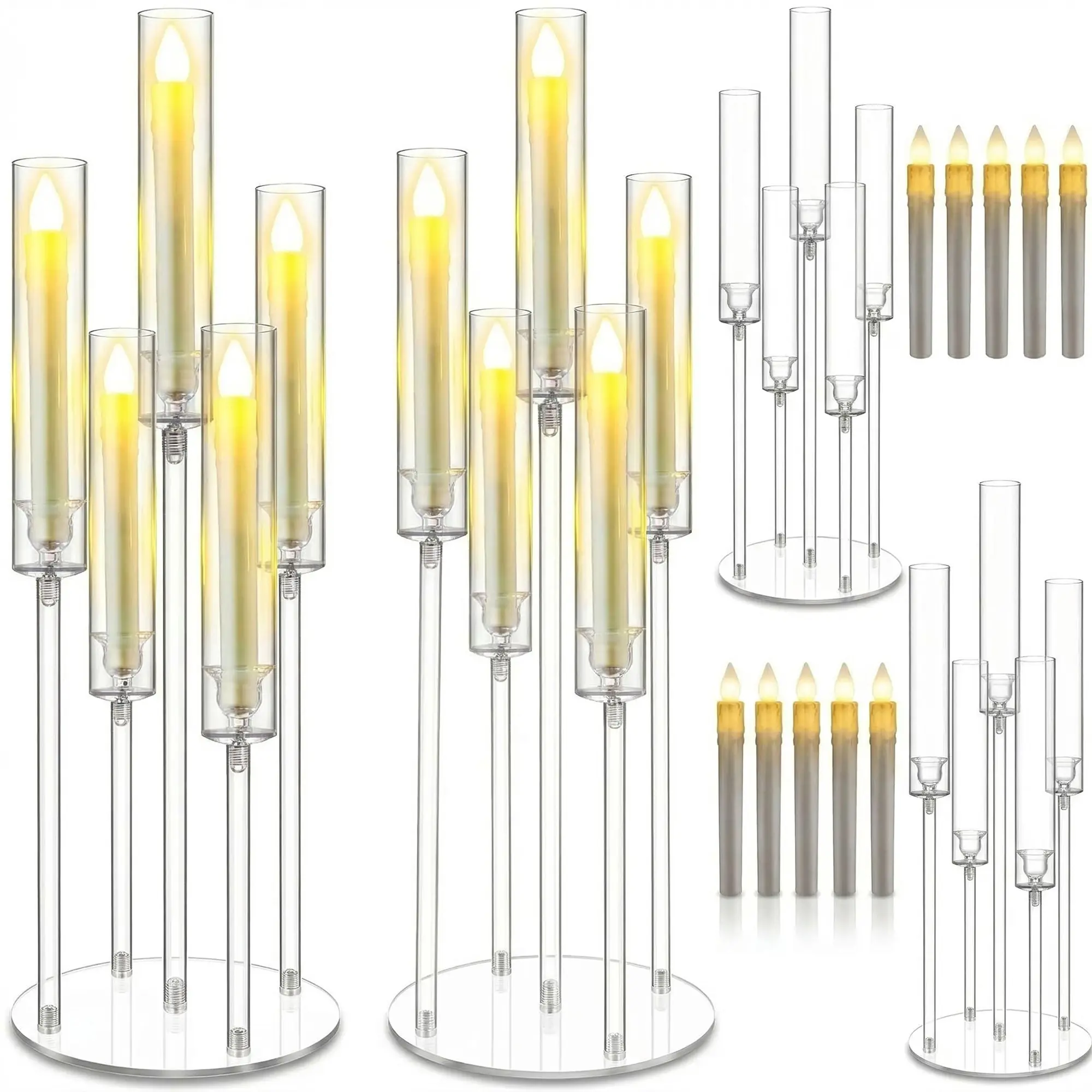 5PC Elegant 5-Arm Clear Acrylic Candelabra Candle Holder – Modern Tall Table Centerpiece – Sturdy Pillar Stand (Candles Not Included)
