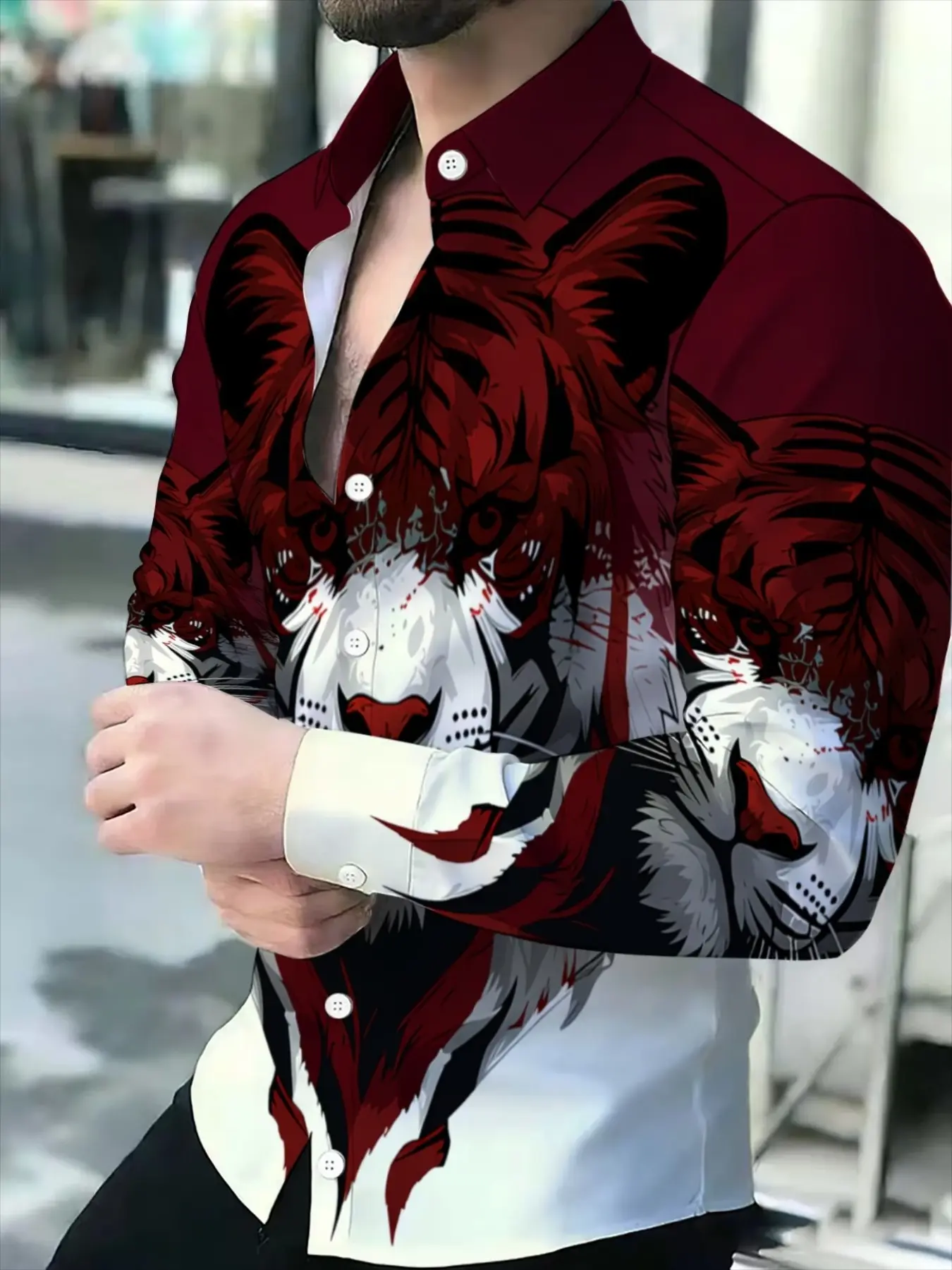 Men Slim Fit Long Sleeve Button Up Dress Shirt Sublimation Fabric Burgundy White Tiger Head Art Print Turn Down Collar Shirts For Nightclub Party Dating Street Vacation Daily Casual Outfit