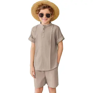 Boy's 2 Pieces Linen Sets Short Sleeve Henley Shirt and Shorts Summer Beach Matching Outfits 4-12 Years(Gift)