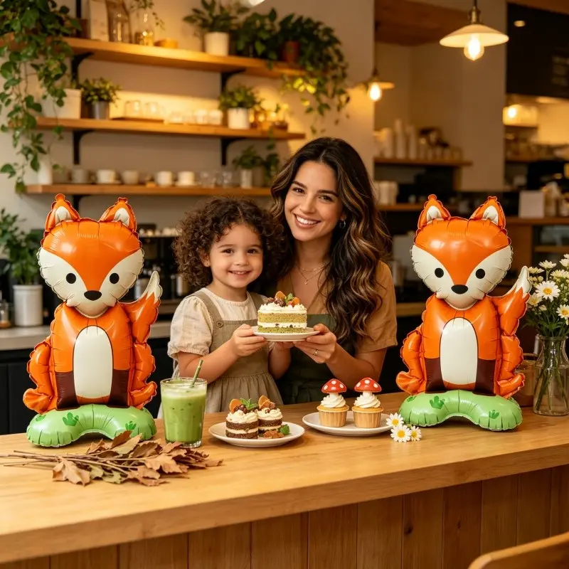 2 Small Cartoon Fox Balloons, Grass Base + Paw Print, Forest Theme Party Decor, Self-Standing Aluminum Foil Balloons