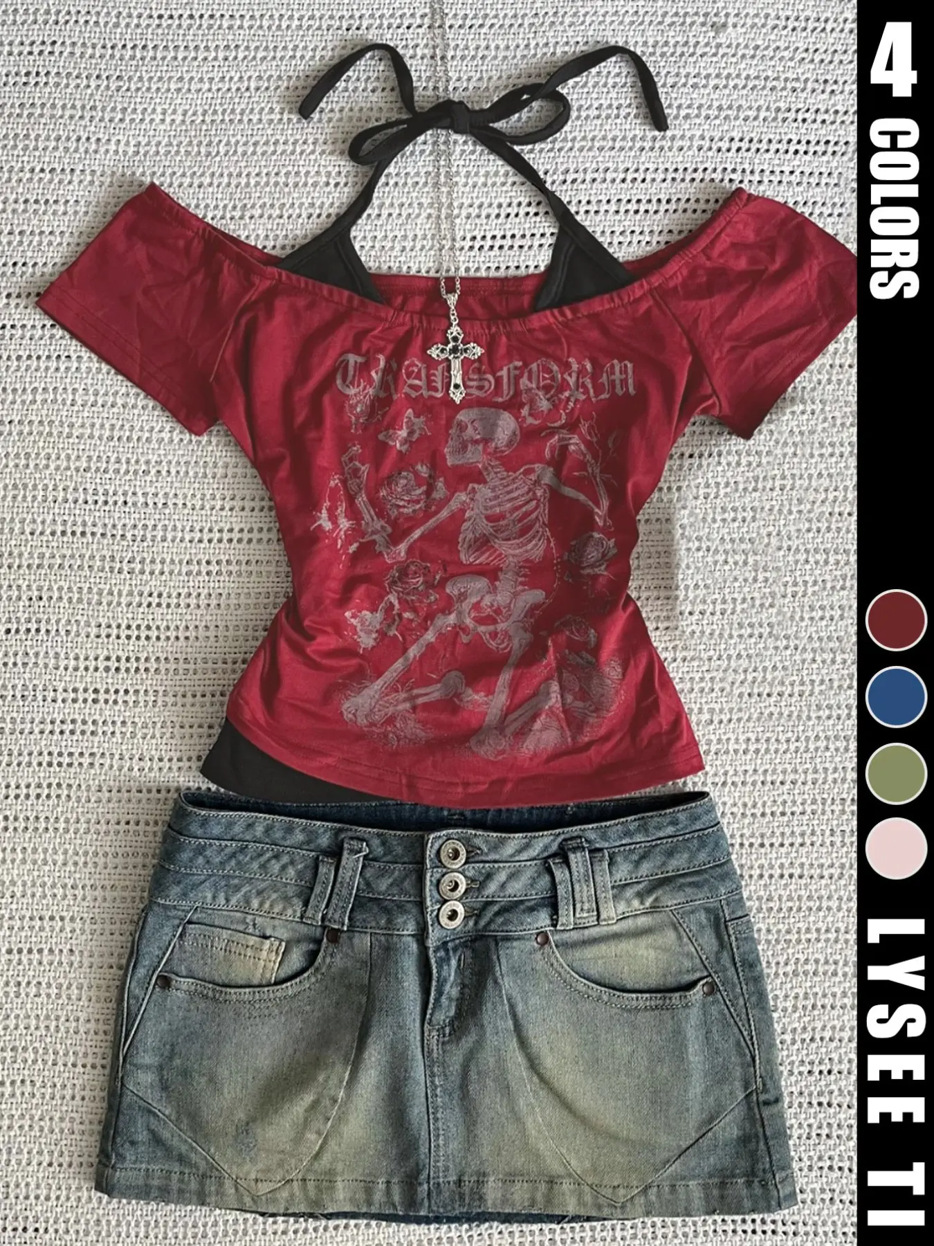 Halloween Fashion Y2K Women's Skull Print Back Tie T-Shirt, Casual Fitted Tee, Plain Surface, Unlined, Batch Number Dd240820001