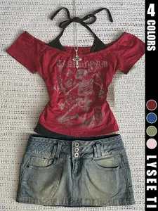 Women's Summer Fashion and Casual Y2K Skeleton Printed Halter Tie Adjustable Fitted T-Shirt