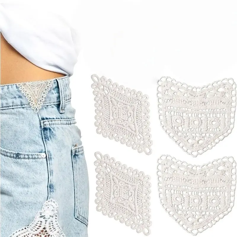 4Pcs Vintage Lace Embroidery Patches, Jean Waist Extender Fabric Applique, Sew On Decorative Trims, Embroidered Lace Trim for Denim Pants Skirt Clothing Repair