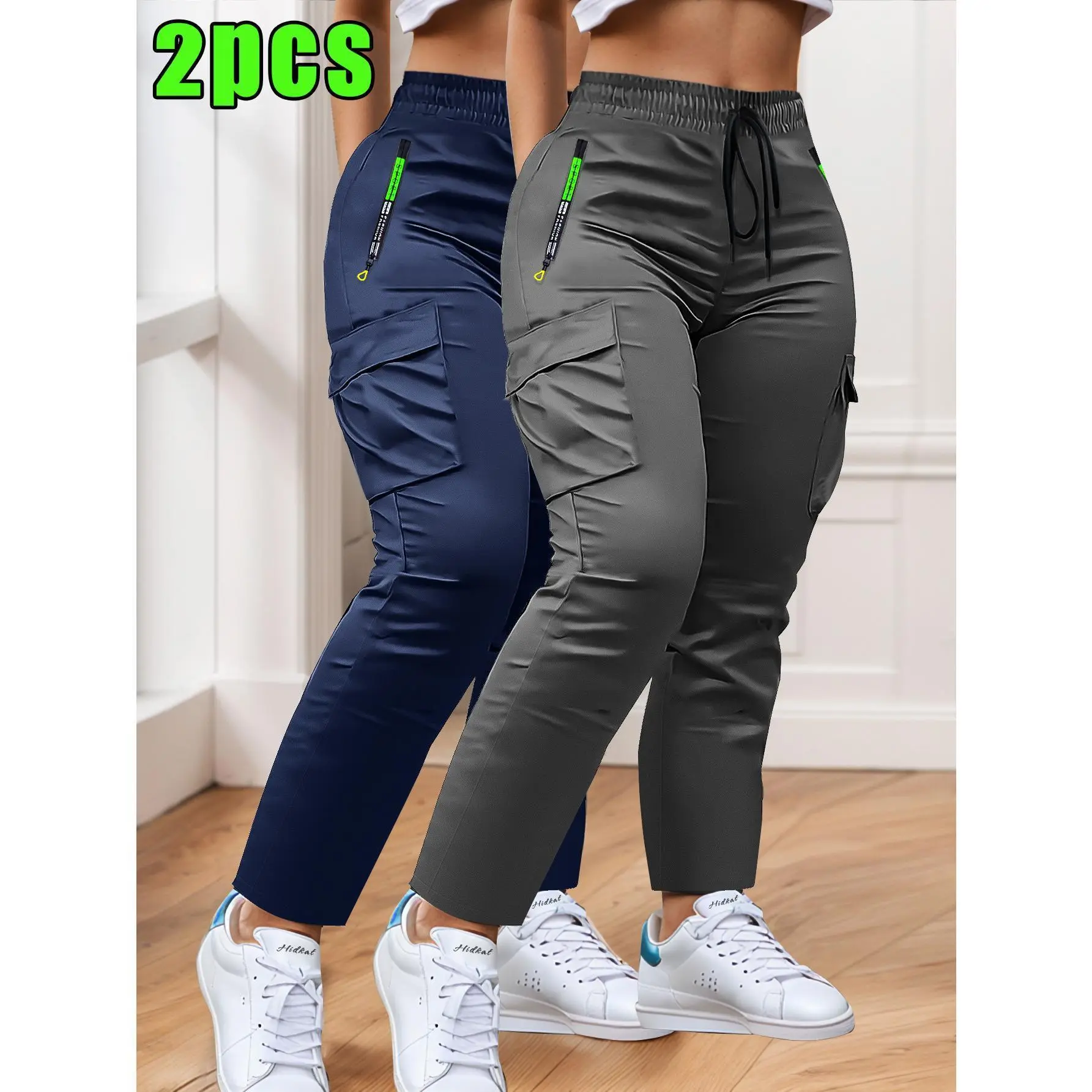 Women's 2-Pack Cargo Style Casual Comfy Joggers, Streetwear Workwear Multi-Pocket Utility Pants, Adjustable Drawstring Waist Joggers, Lightweight Non-Stretch Versatile Athletic Trousers for Gym, Outdoor Activities