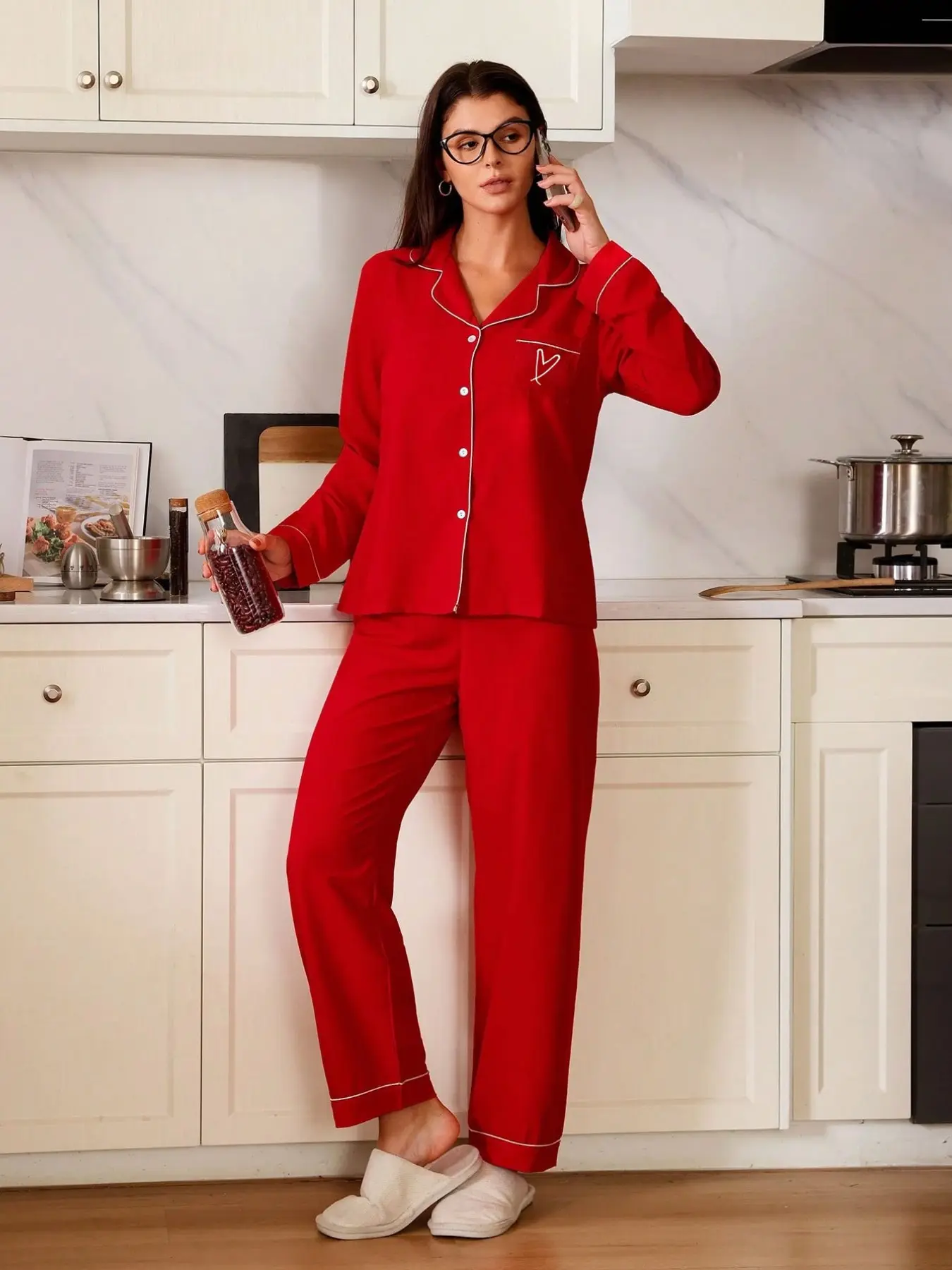 Fashion Women's Button Front Casual Solid Long Sleeve Top and Pants Set Pjs, Comfortable Elegant Details for Spring & Fall