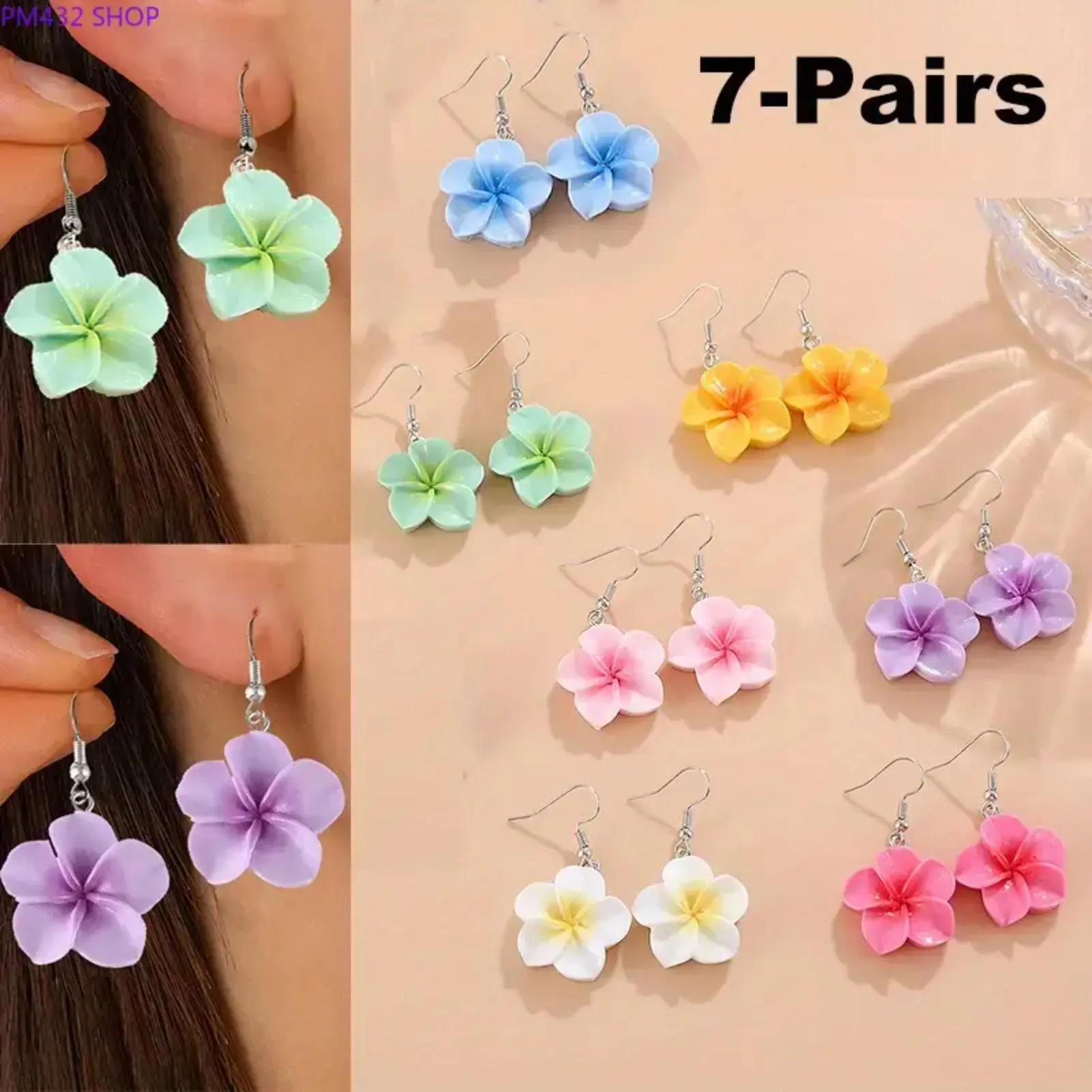 7 Pairs Bohemian Colorful Flower Dangle Earrings Set – Vibrant Retro 3D Handmade Candy Color Plumeria Earrings, Elegant Vacation & Beach Jewelry for Women, Chic Casual Summer Accessories