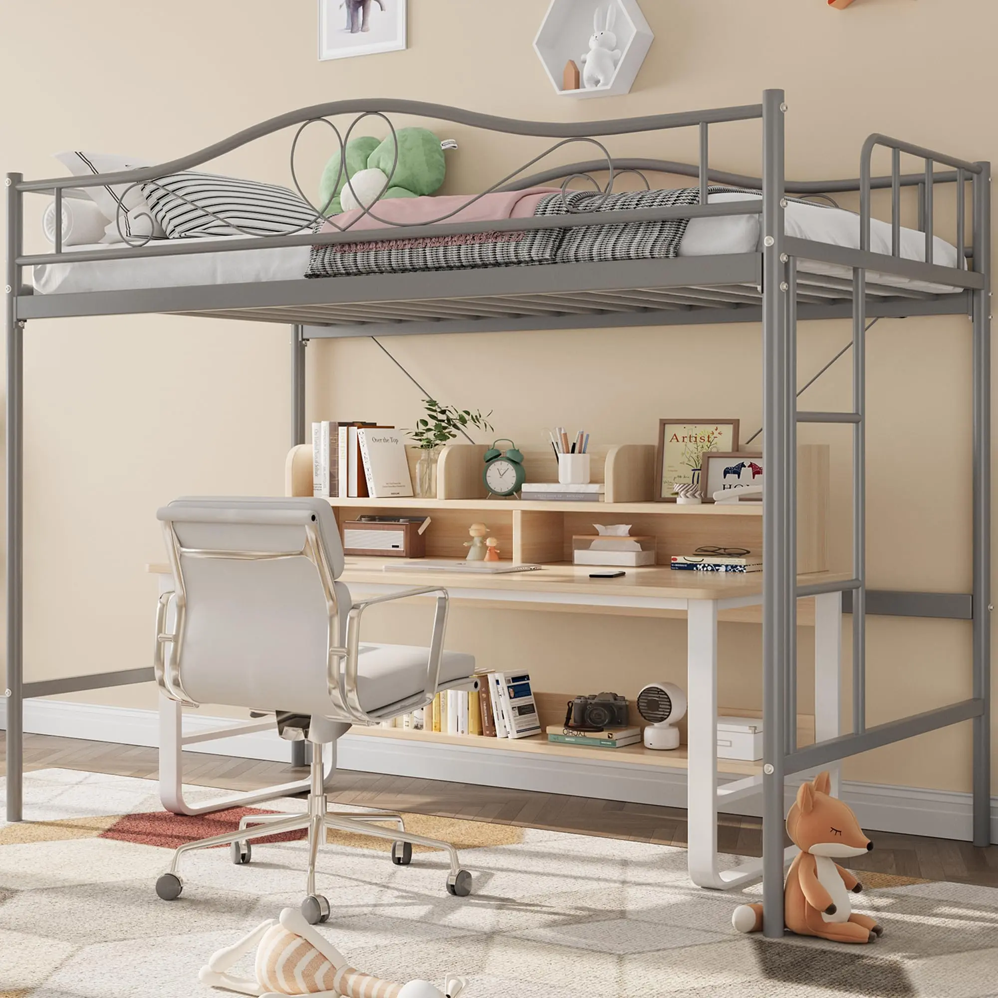 Twin Metal Loft Bed – 400 lbs Capacity, Full Safety Guardrail, Removable Ladder, Noise-Free – No Box Spring, Space-Saving Modern Design
