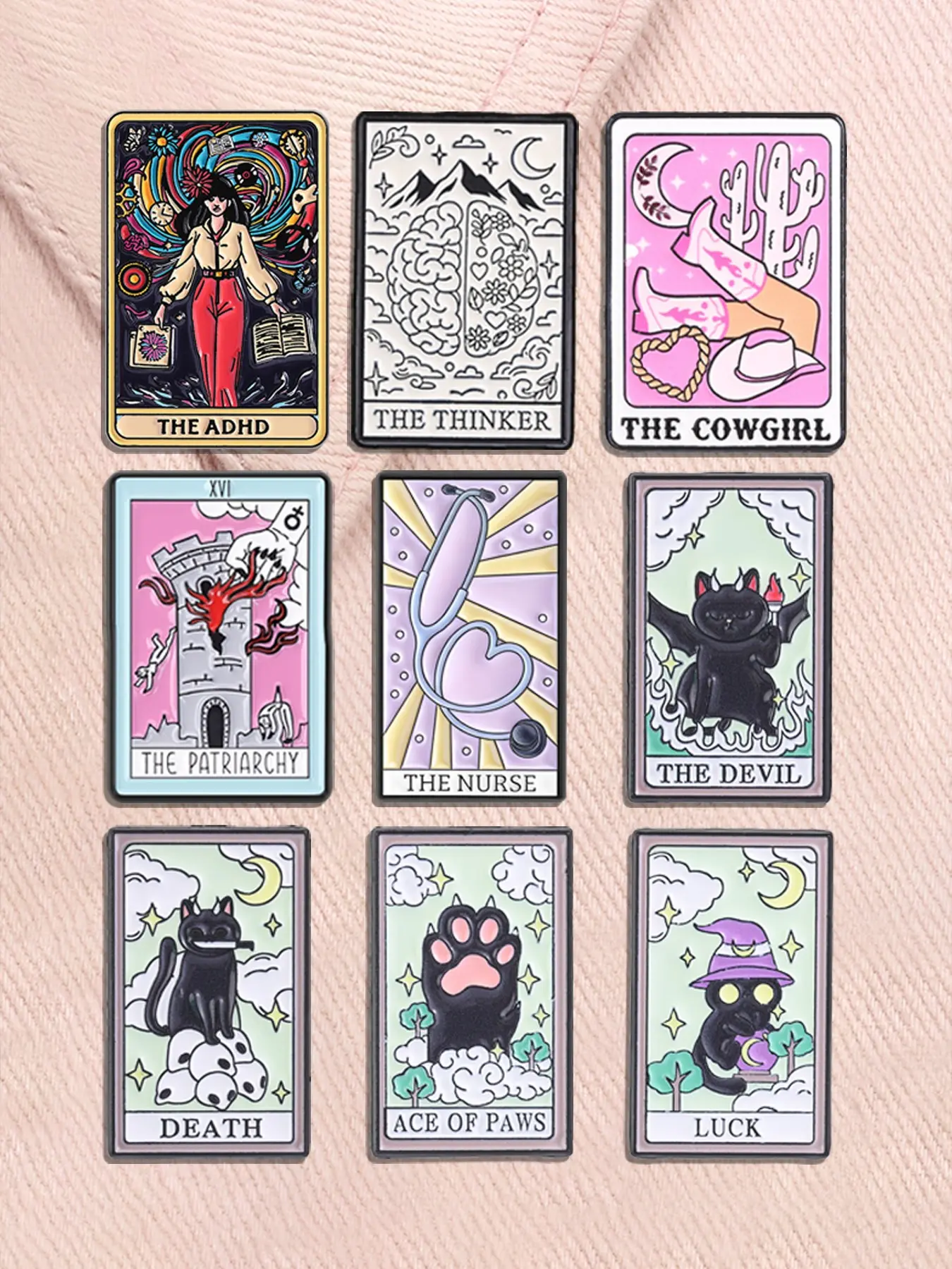9-Piece Cartoon Tarot Brooch Set, Enamel Pins for Autism, Adhd, Overthinkers, Nurses, Devil Alloy Brooches Lapel Backpack Clothing Decor Badge Fashion Jewelry Accessories Gifts for Friends