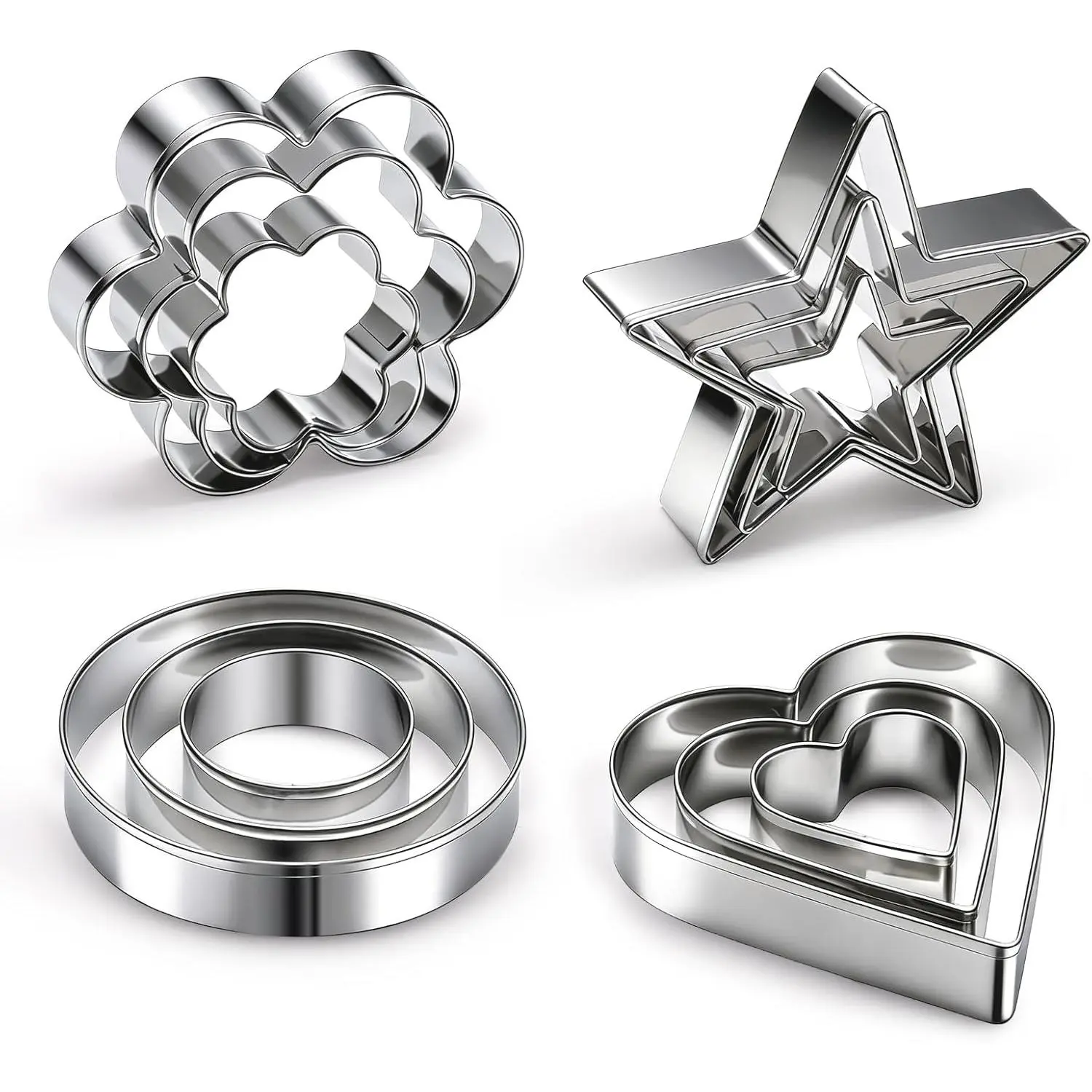 12 count Professional Stainless Steel Cookie Cutters Set - Heart, Flower, Round,  Shapes Metal Biscuit , Essential Baking Tools for Dough Preparation