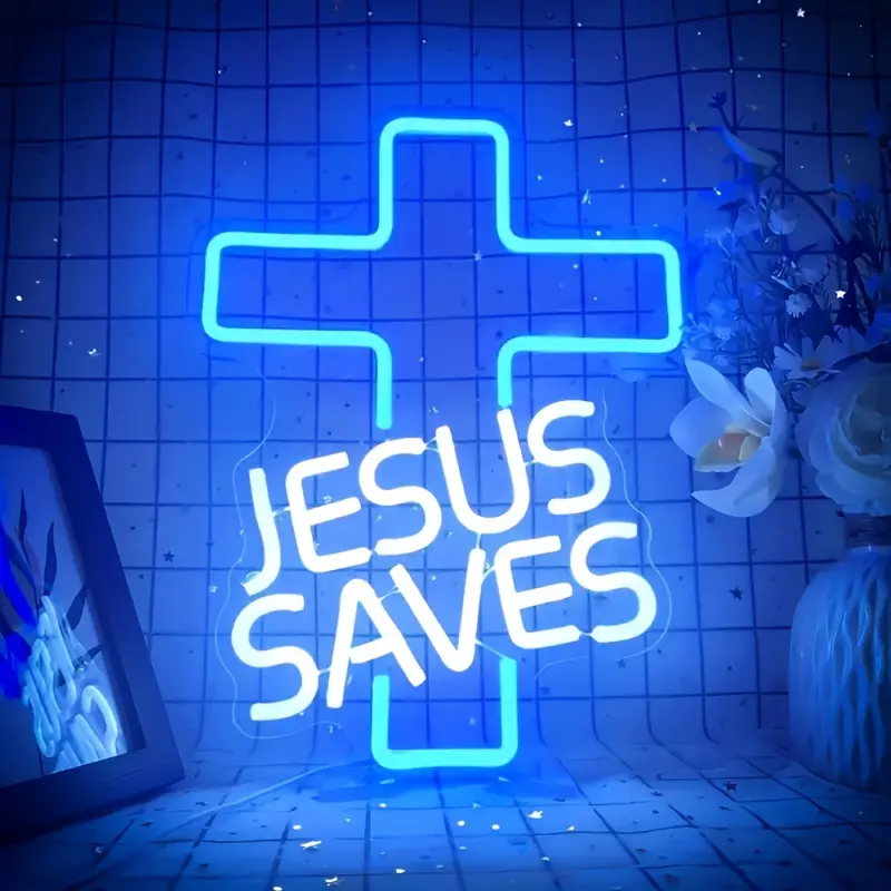 1PC "JESUS SAVES" Cross Neon Sign, LED Neon Light, Multi Color Changing, Wall Mounted, USB Powered, for Wall Decor, Birthday Party, Wedding, Gaming, Perfect for Bedroom, Bar, Cafe, Game Room and Party Decoration