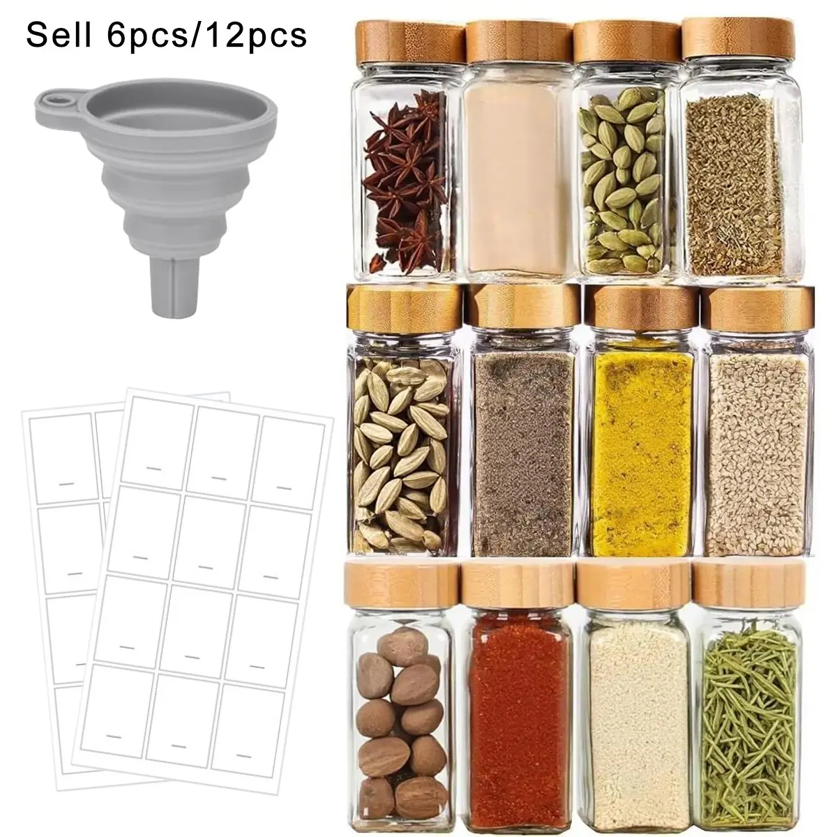 6/12 Pack Glass Spice Jars with Labels, Foldable Funnel, 4oz/120ML Square Spice Storage Bottles, Seasoning Containers