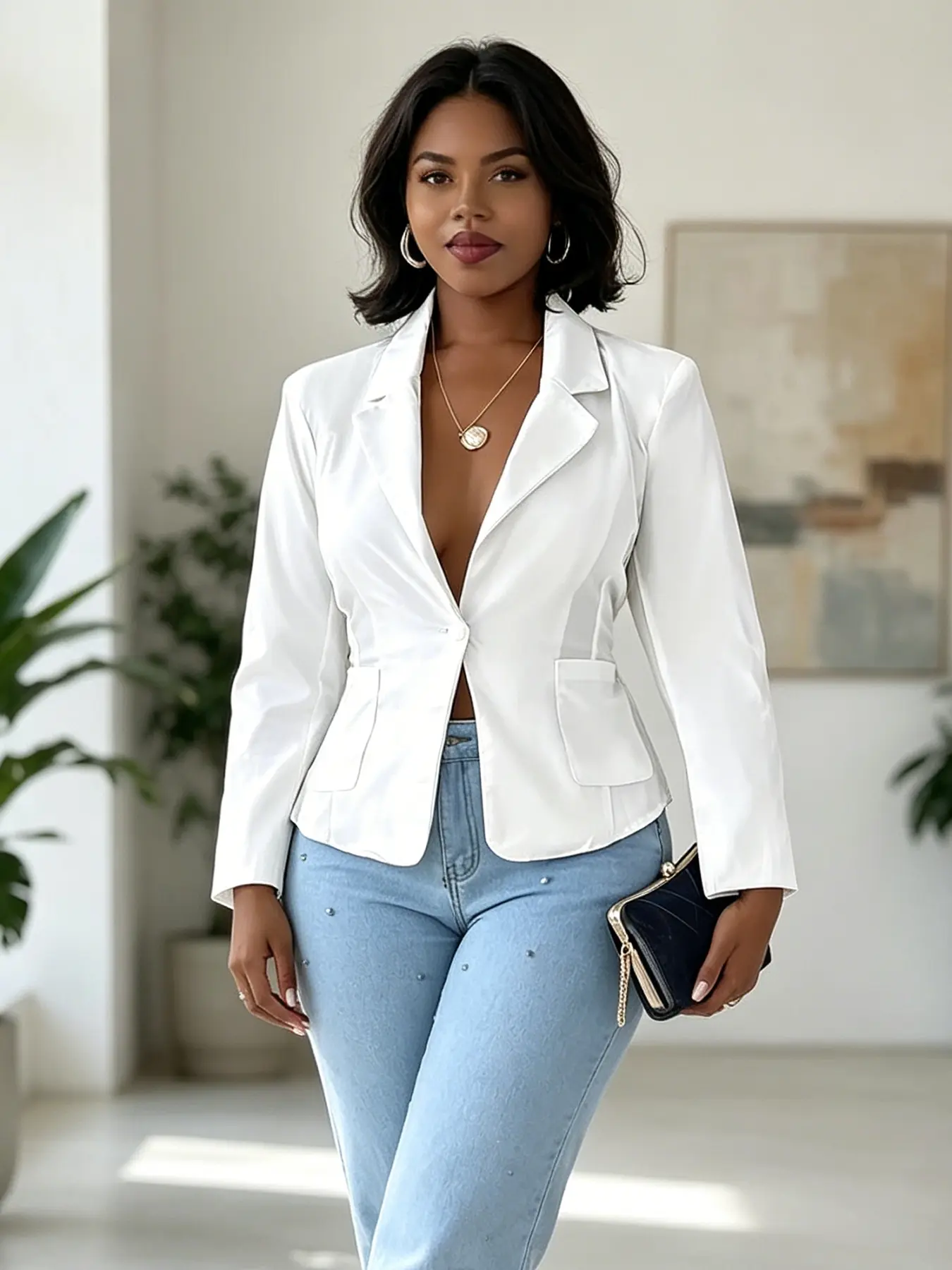 A ladies' pure white satin waist-cinched blazer, Chic, with back lacing design, featuring a slim-fitting silhouette, open-back crossover tie detail, smooth lightweight breathability, suitable for daily wear, outings, and indoor or outdoor styling