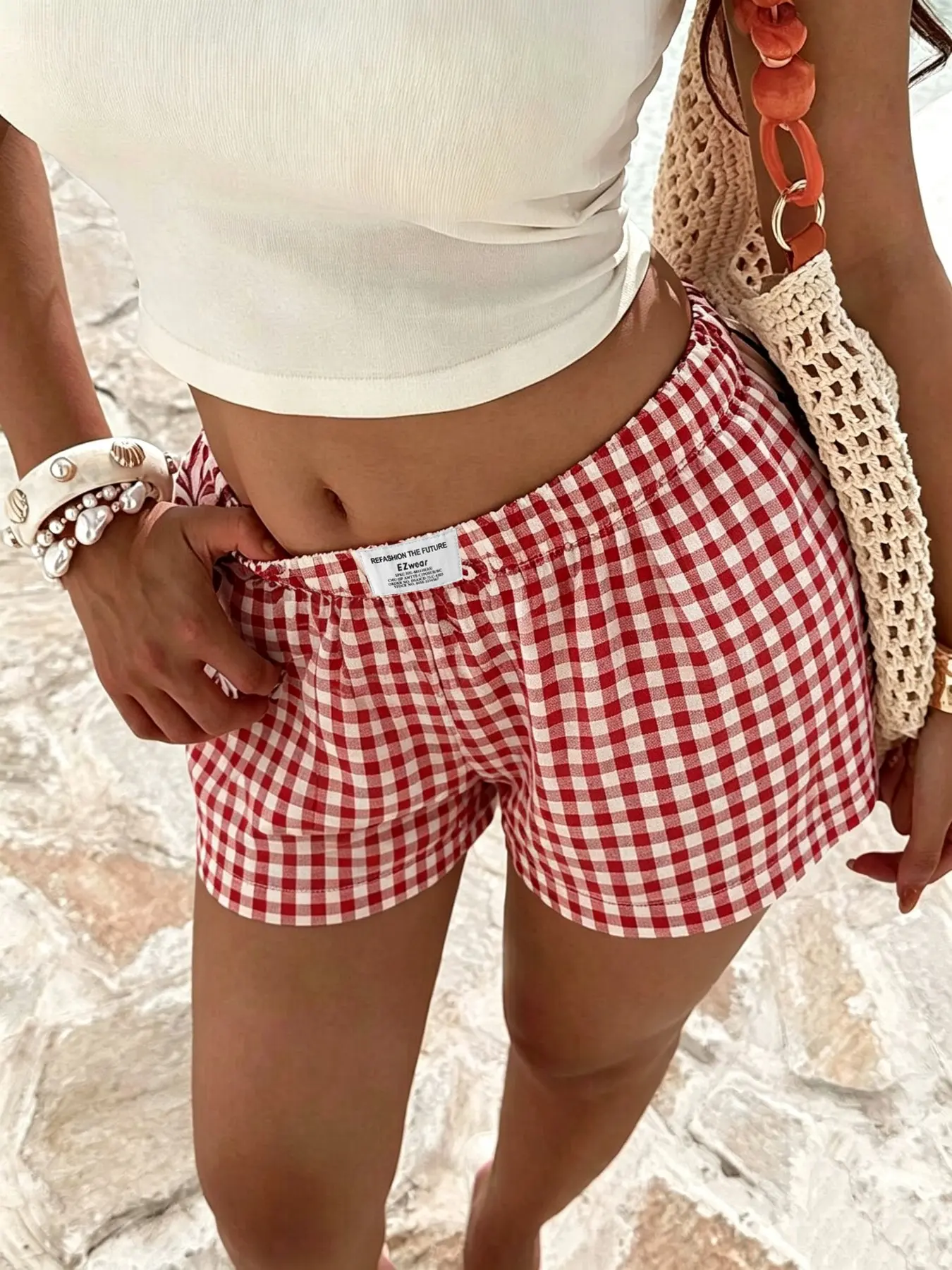 Soft Plaid Shorts for Women, Elastic Waist Loose-Fitting Casual Pants, Lightweight Daily Wear, Pure Desire Girl Style, Checkered Summer Shorts
