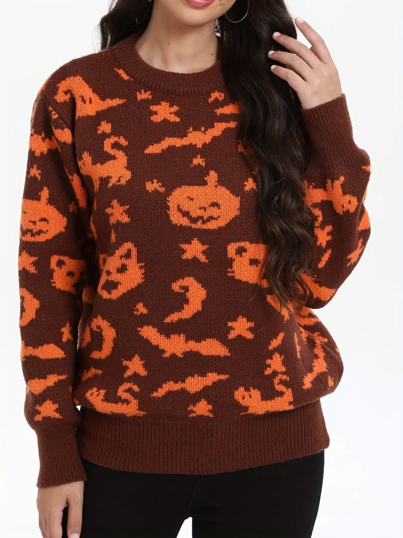 Halloween Sweater, Vibrant Knit Top, Soft Round Neck Long Sleeve Pullover, Loose Fit, Comfortable Fabric, Women's Casual Wear, Daily Comfort