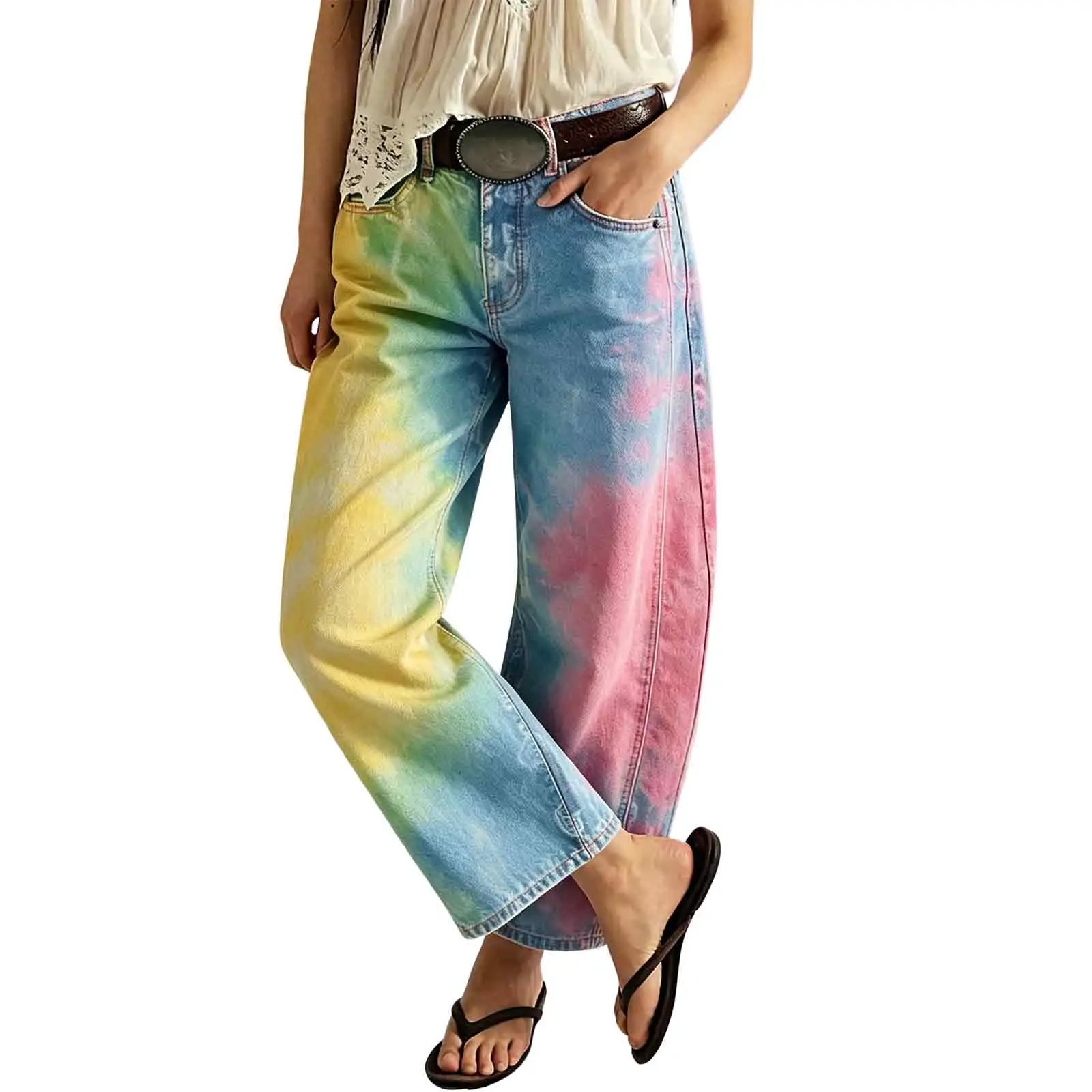 Women's vintage-wash wide-leg jeans; Y2K-style loose-fitting trousers; soft pink base with a bohemian floral print; suitable for year-round outdoor activities and streetwear styling.,back to school shopping